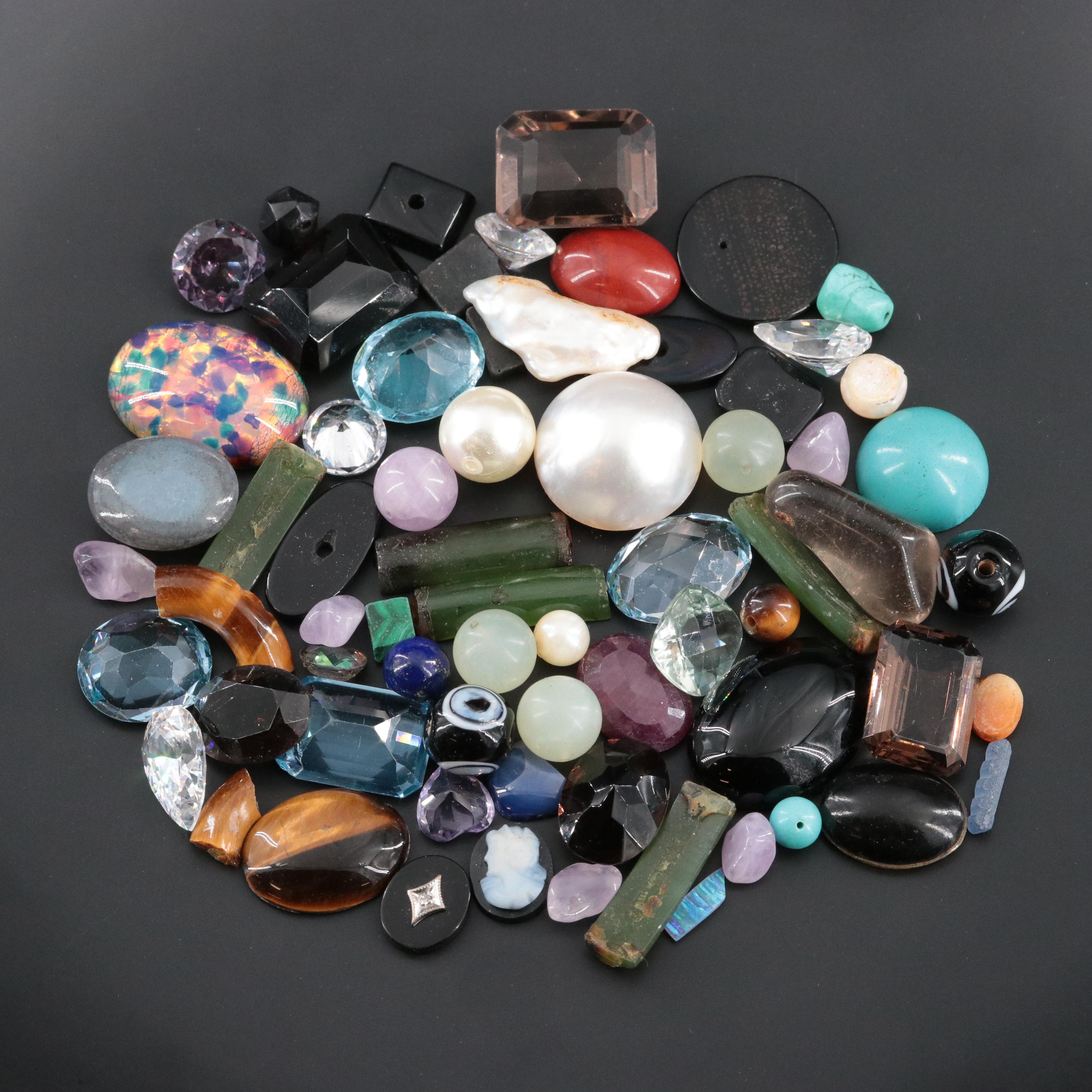 Loose Gemstone Lot Including Pearl, Tiger's Eye and Malachite