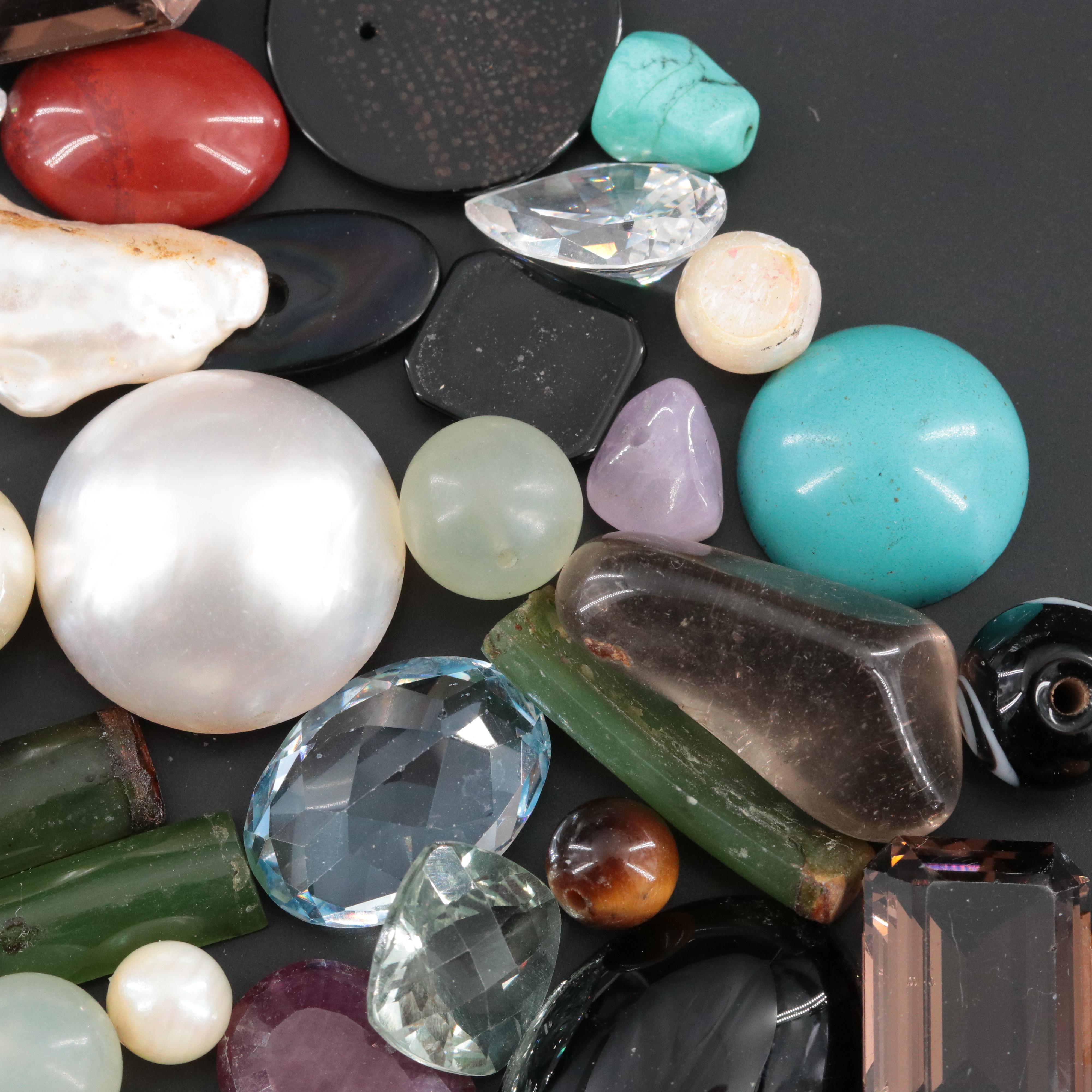 Loose Gemstone Lot Including Pearl, Tiger's Eye and Malachite