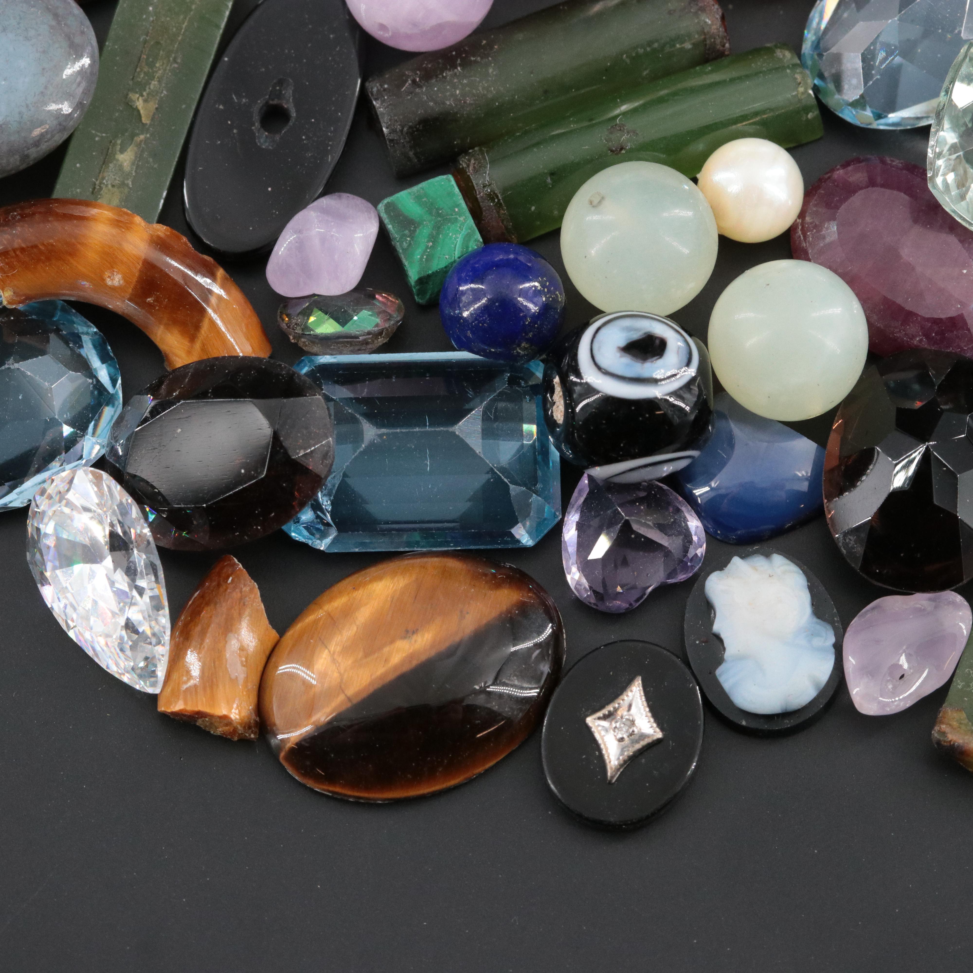 Loose Gemstone Lot Including Pearl, Tiger's Eye and Malachite