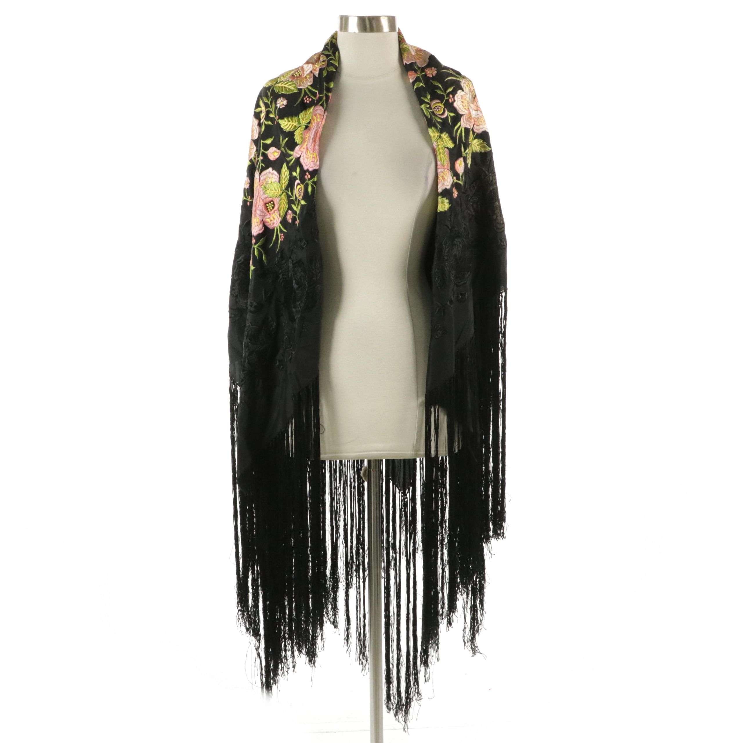 Black Satin Piano Shawl with Floral Embroidery