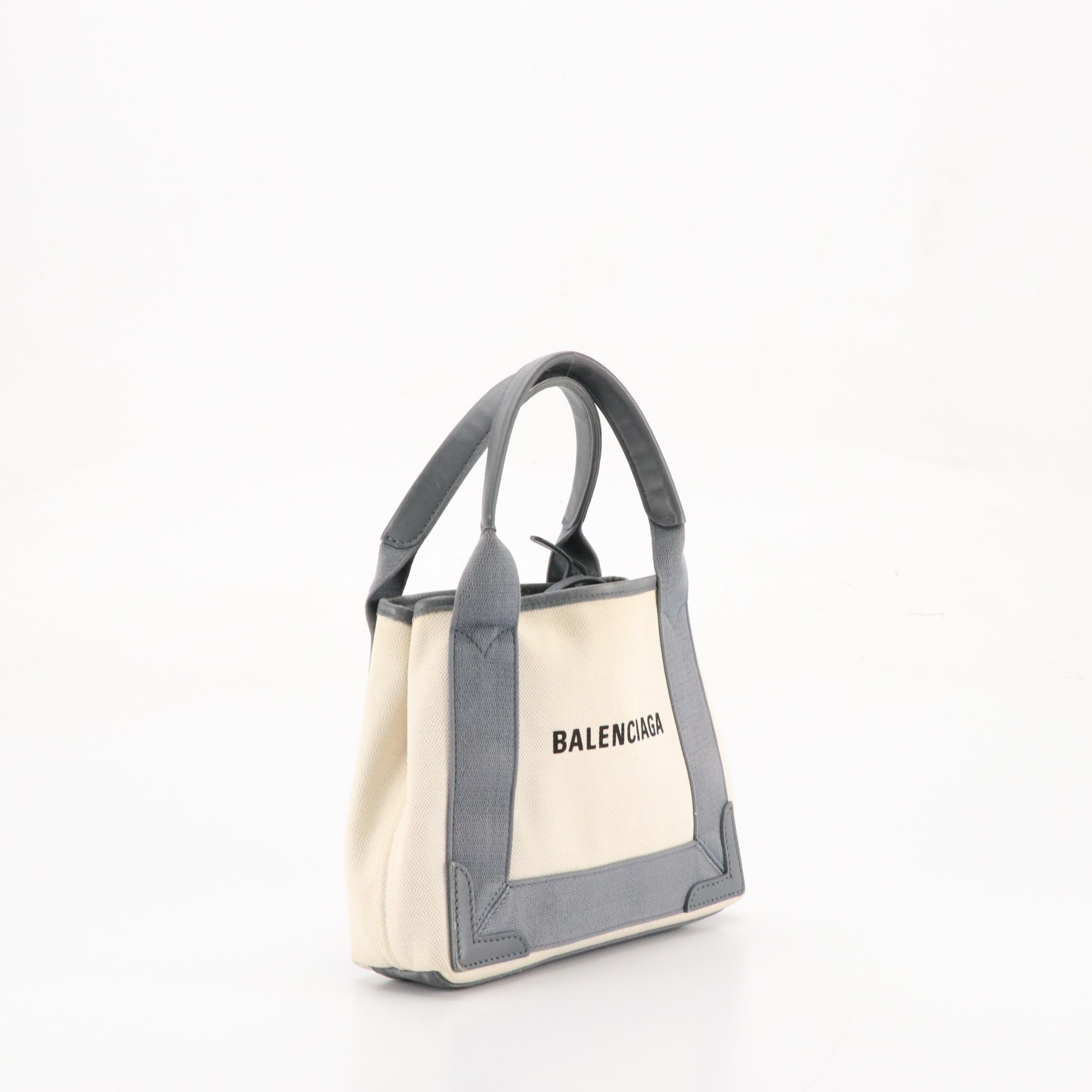 Balenciaga Small Cabas Tote and Zip Pouch in Gray & White Canvas W/ Leather Trim