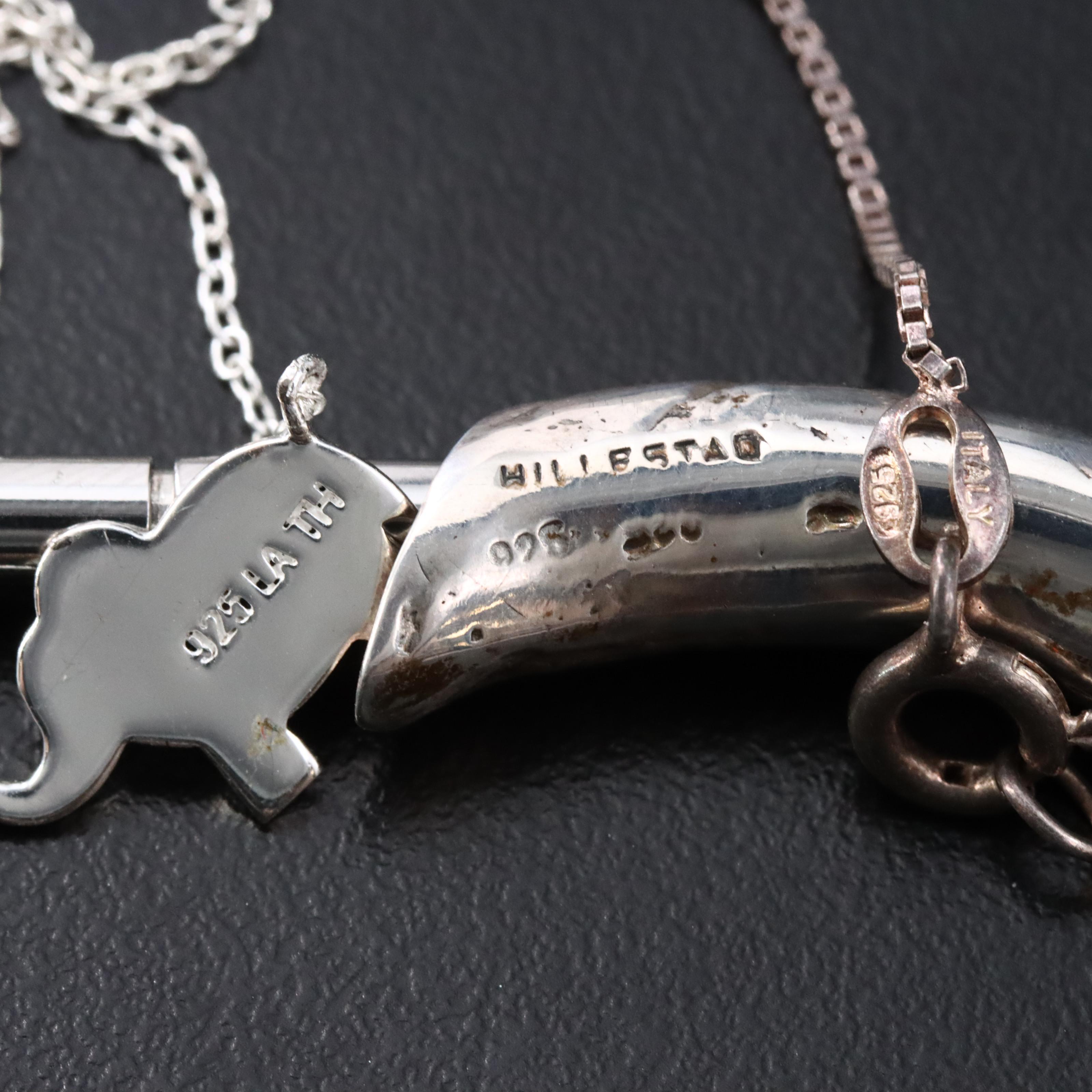 Sterling Necklaces Including Articulated Elephant and Glass Hamsa