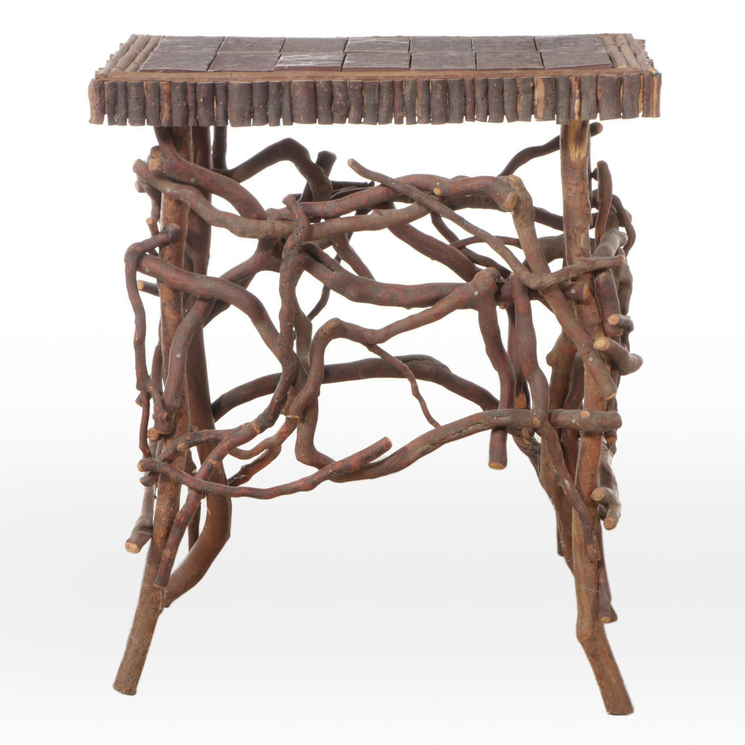 Robert Beaven Adirondack Style Root Wood Console Table with Tile Top