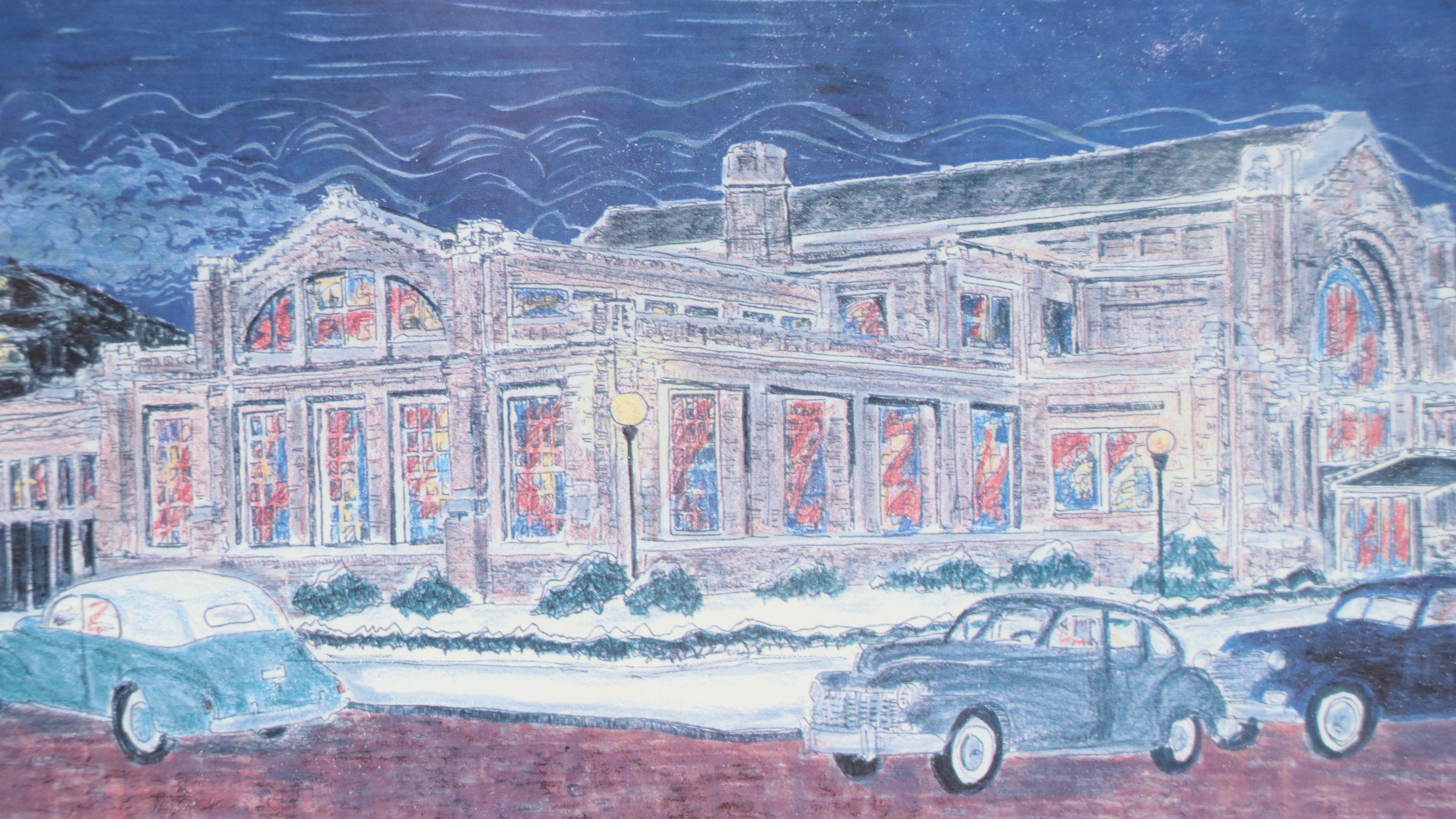 Julia Meek Offset Lithograph of Baker Street Train Station, Fort Wayne