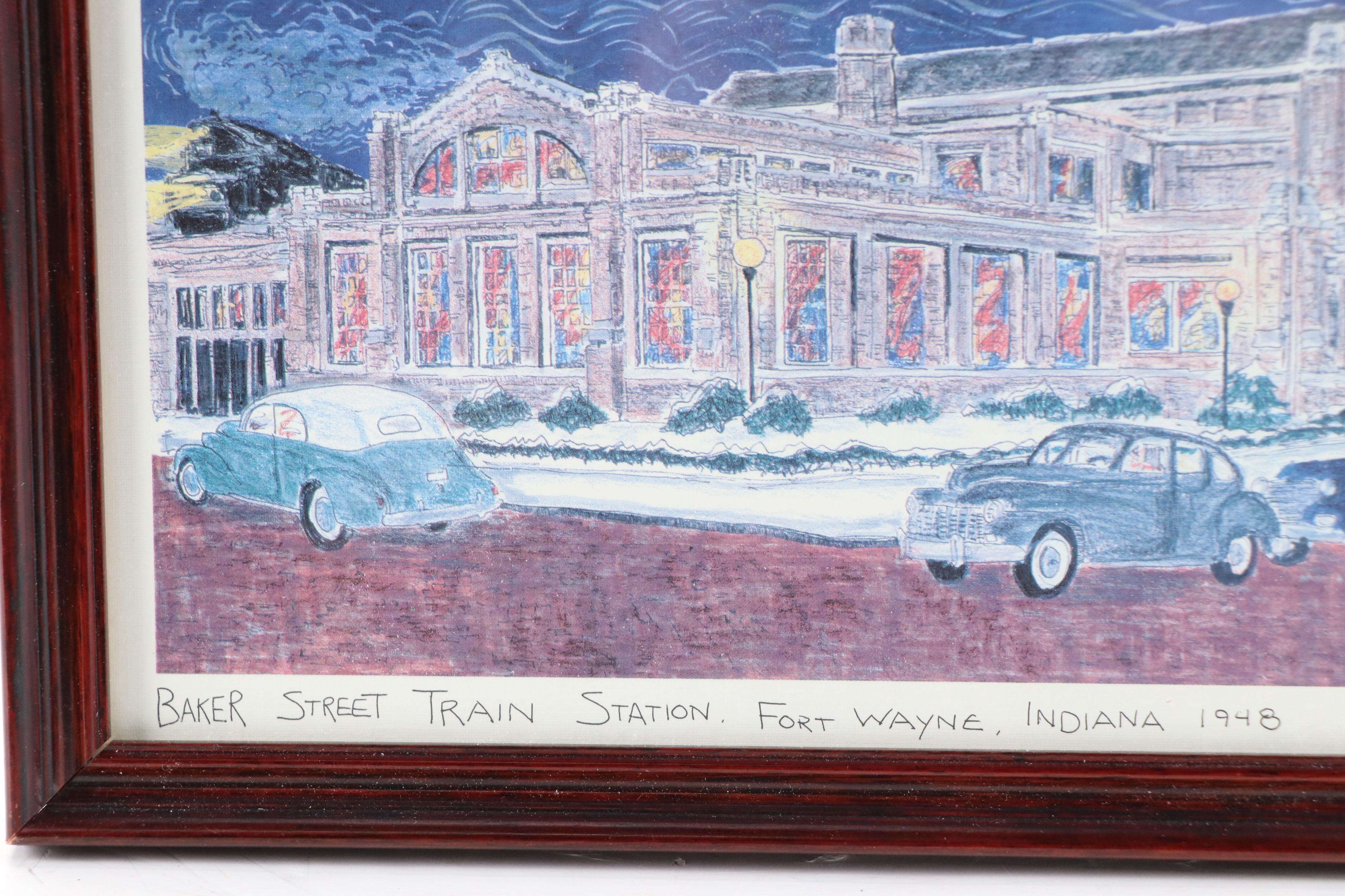 Julia Meek Offset Lithograph of Baker Street Train Station, Fort Wayne