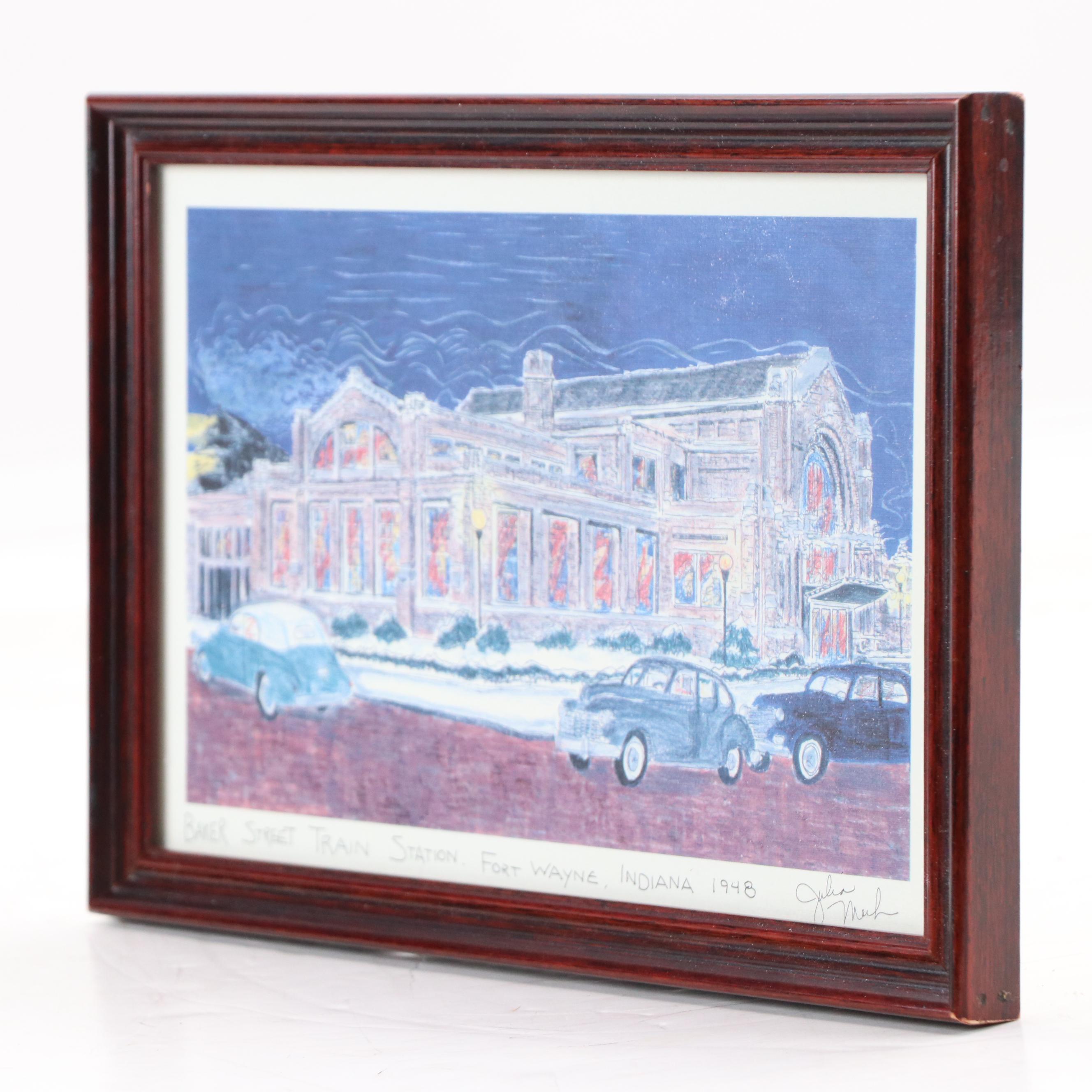 Julia Meek Offset Lithograph of Baker Street Train Station, Fort Wayne
