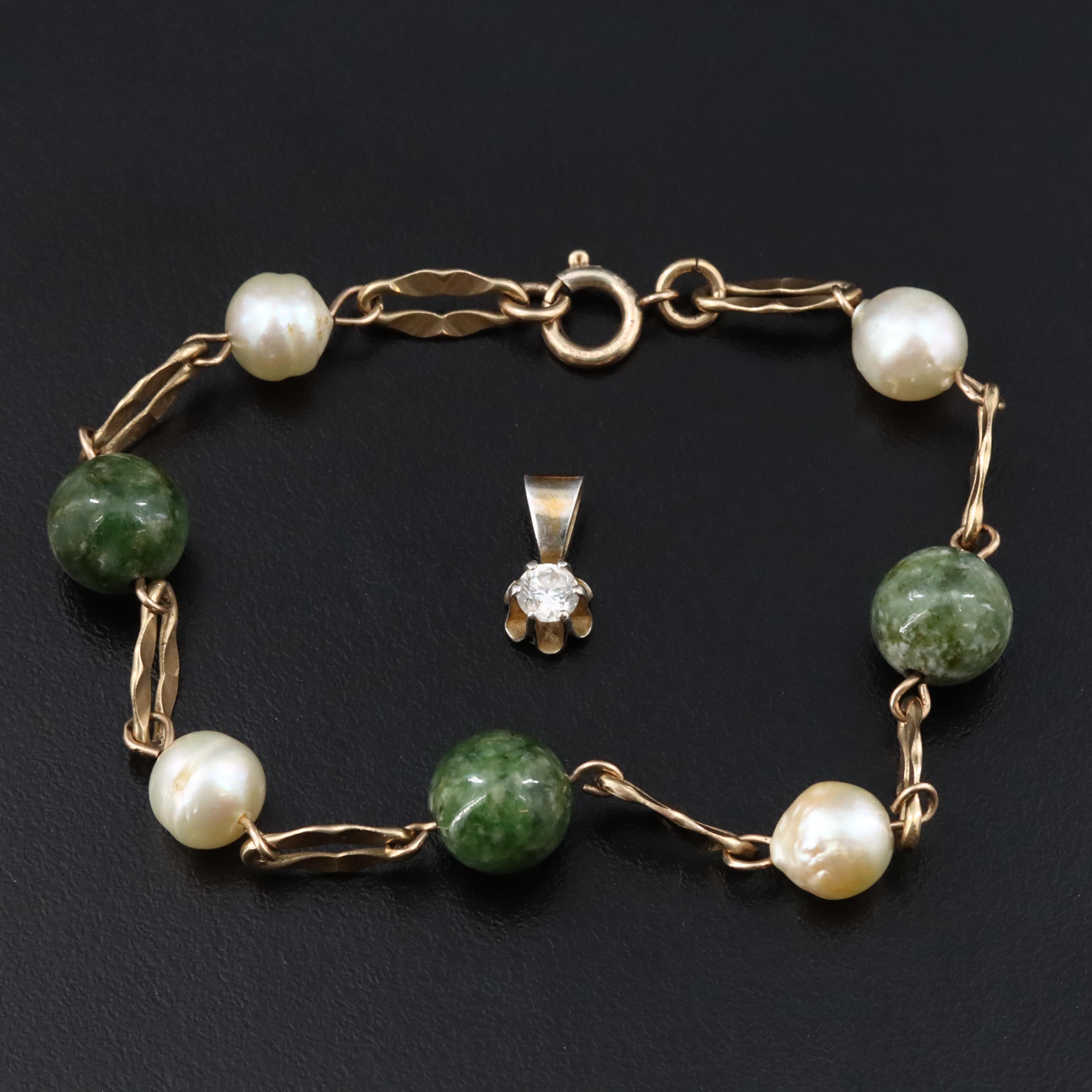 Vintage Gold-Filled Beryl and Pearl Bracelet and 14K CZ Solitaire Pendant