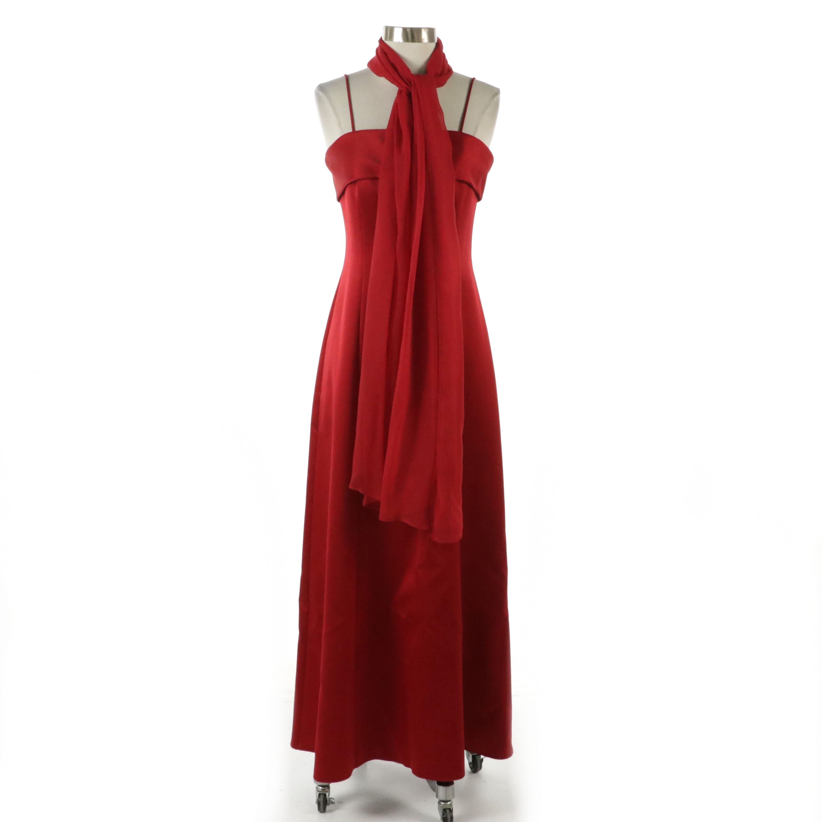 Alex Evenings Red Polyester Full-Length Evening Gown and Scarf