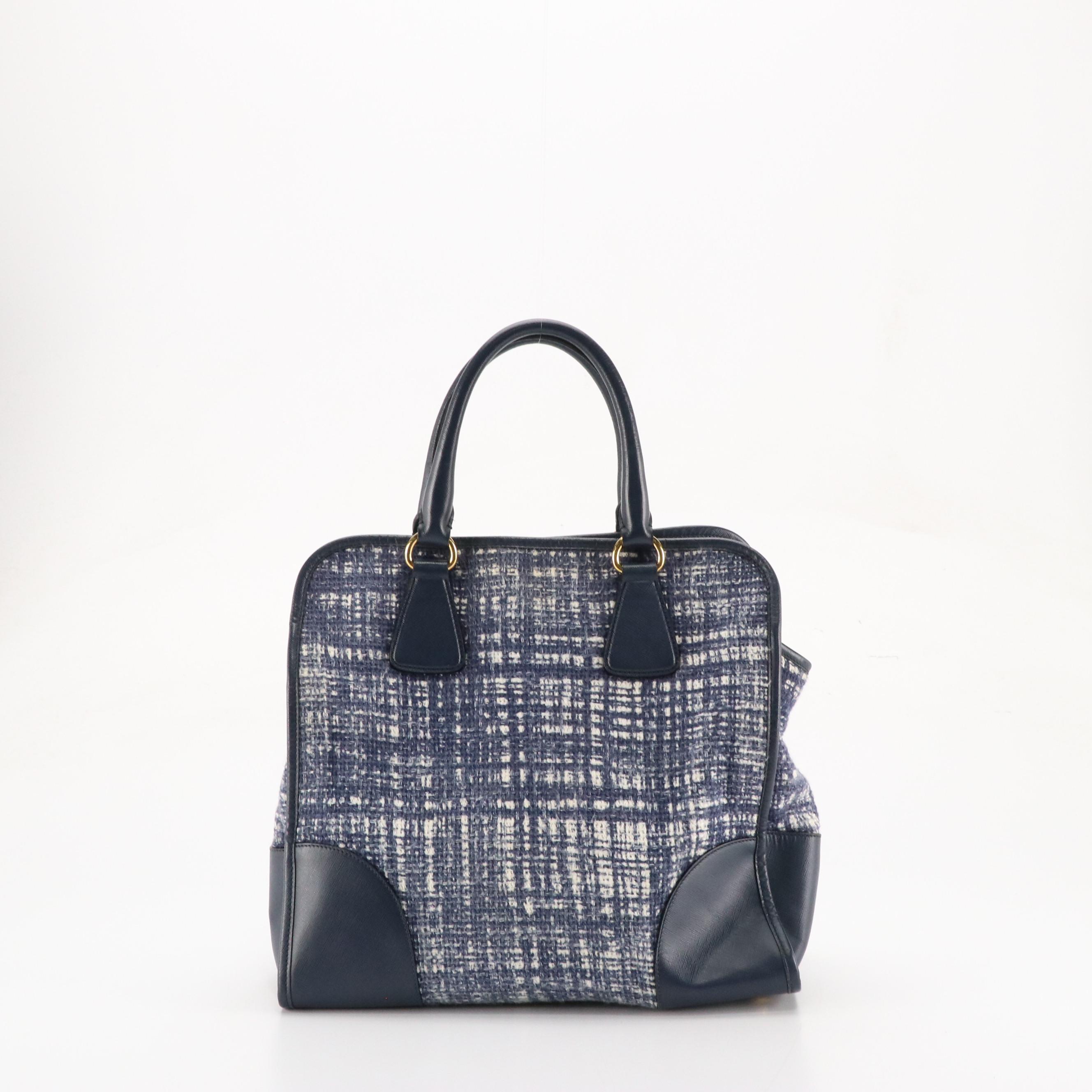 Prada Tela Two-Way Tote in Blue Wool Tweed and Saffiano Leather Trim