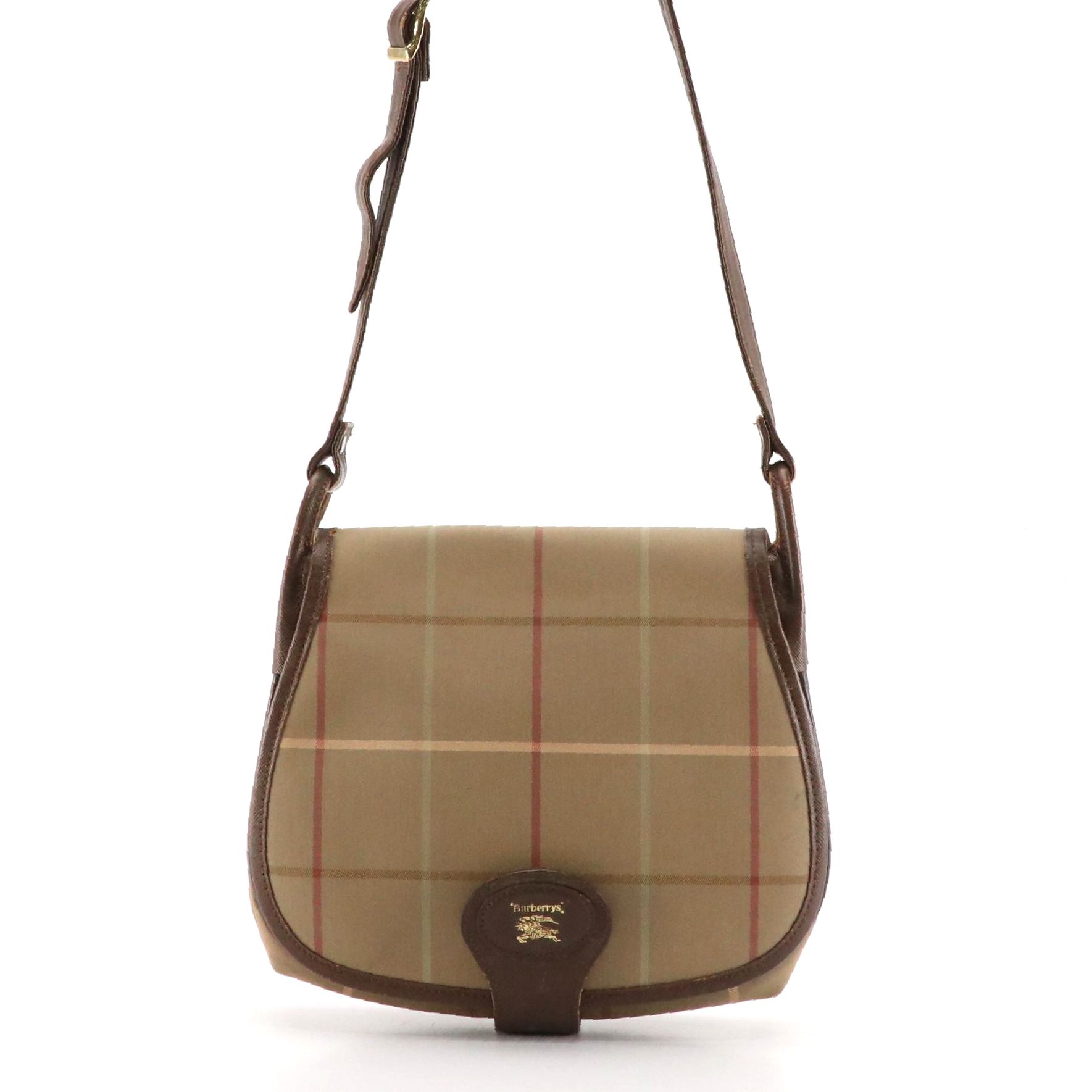 Burberrys Saddle Bag in Windowpane Check Canvas and Brown Saffiano Leather