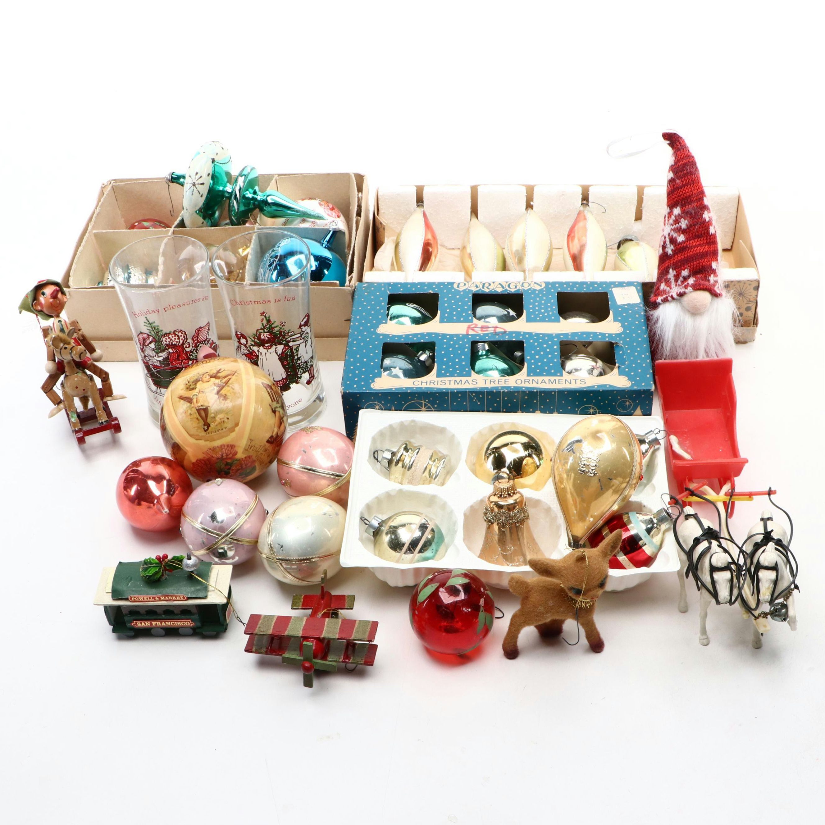 Vintage Silvered Glass with Other Christmas Ornaments, Figurines and More