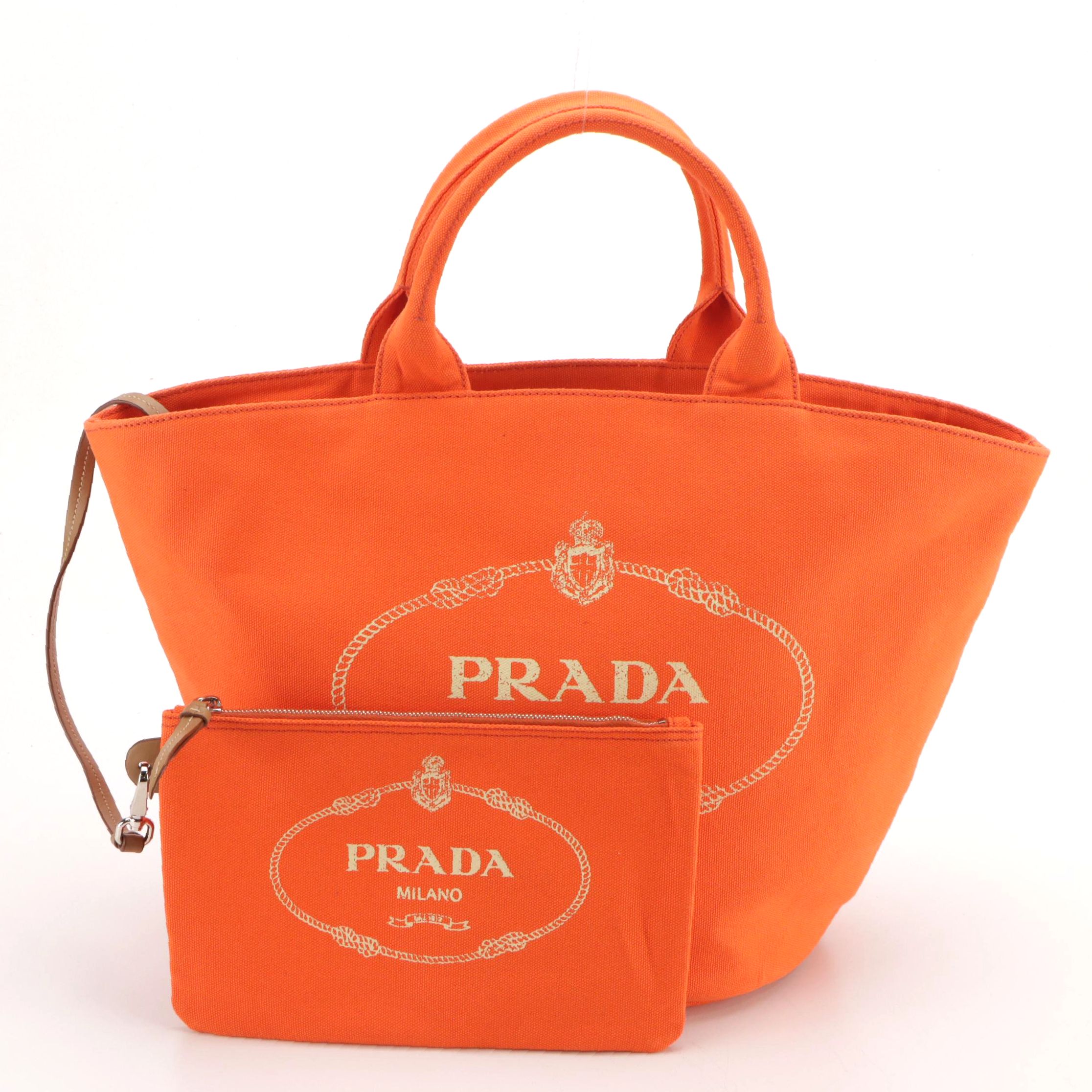 Prada Canapa Logo Two-Way Bucket Tote and Zip Pouch in Bright Orange Canvas