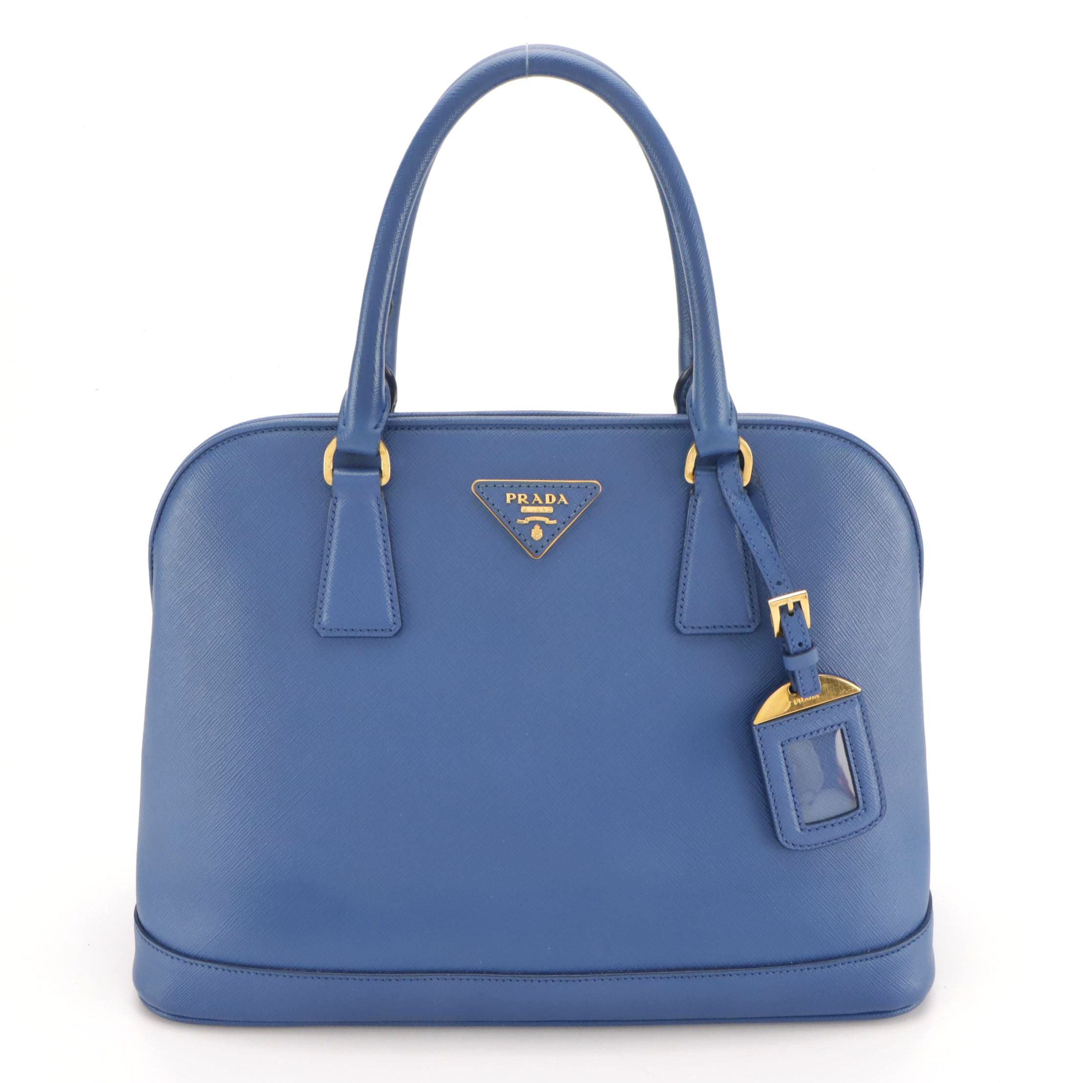 Prada Open Promenade Two-Way Dome Bag in Blue Saffiano Leather
