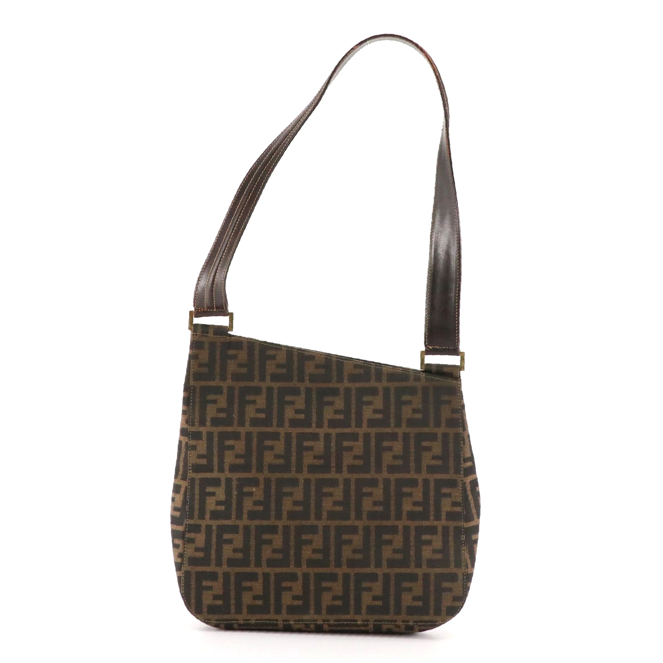 Fendi Asymmetrical Tote in Zucca Canvas and Brown Leather