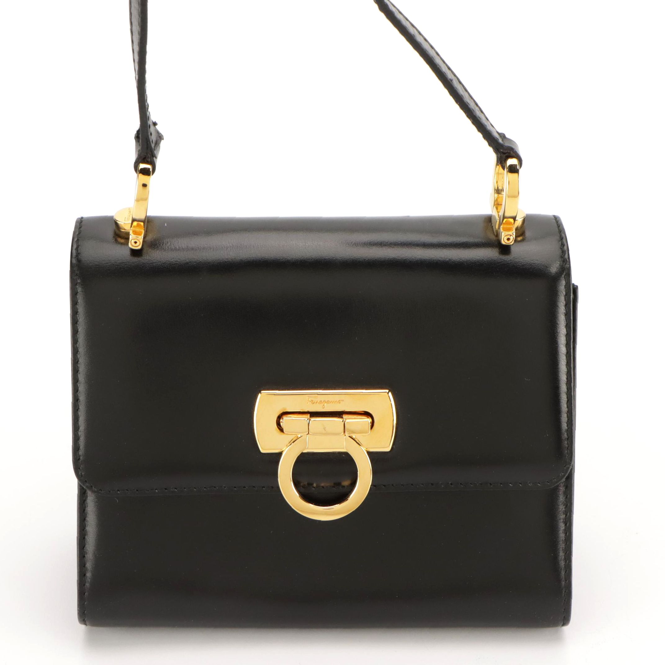 Salvatore Ferragamo Mini Gancini Flap Two Way Bag in Black Calfskin Leather
