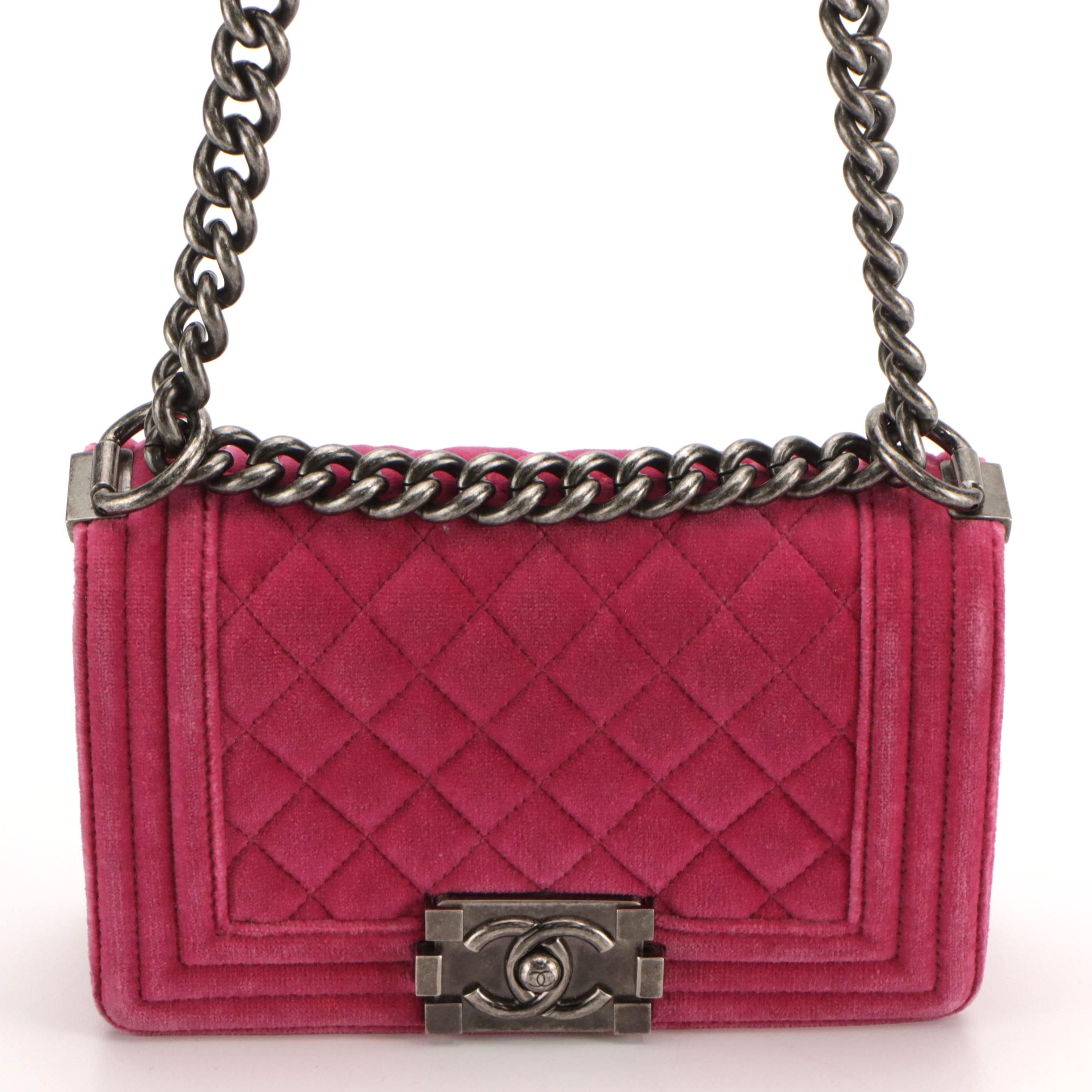 Chanel Small Boy Flap Chain Bag in Magenta Pink Quilted Velvet and Calf Leather