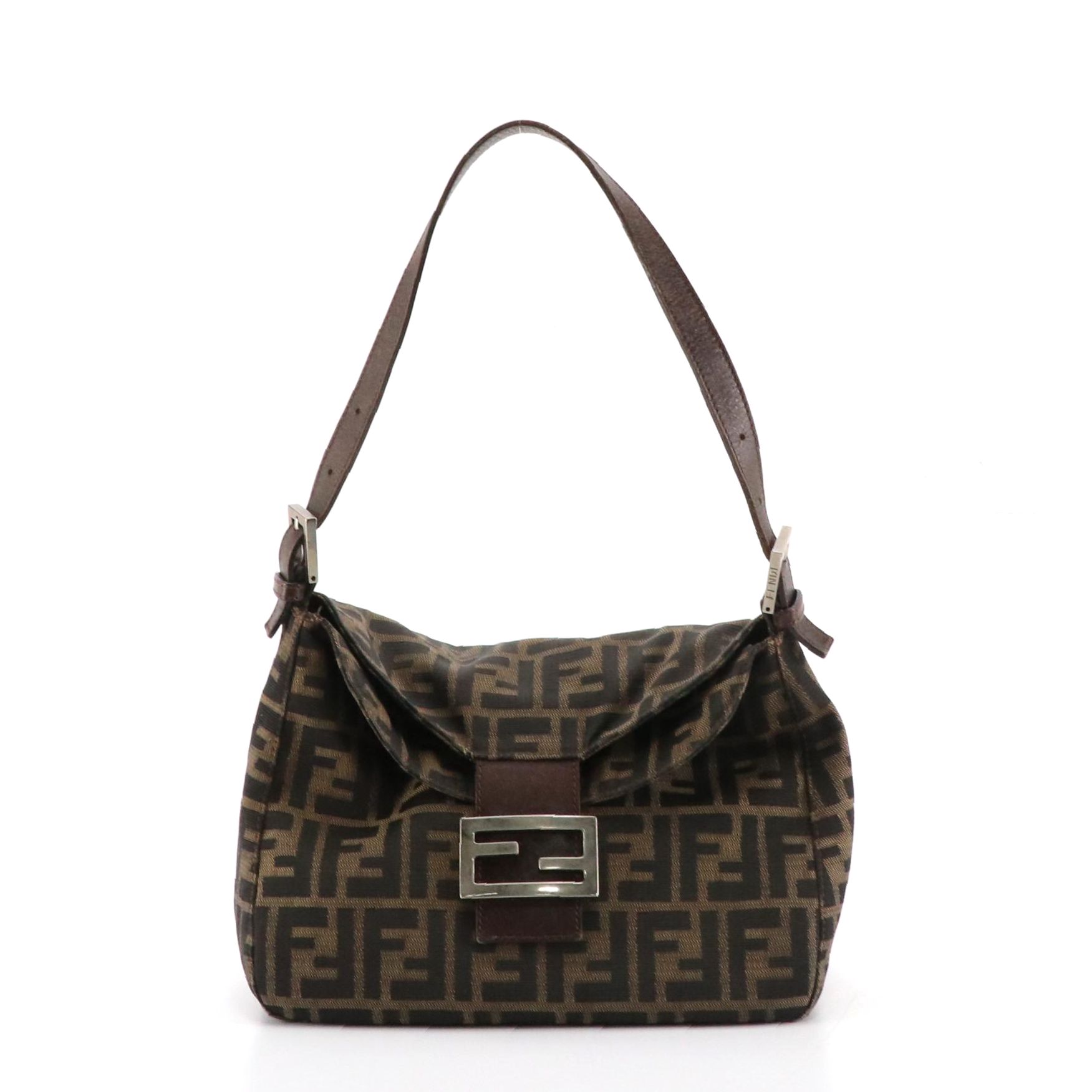 Fendi Double Flap Baguette Shoulder Bag in Zucca Canvas and Leather