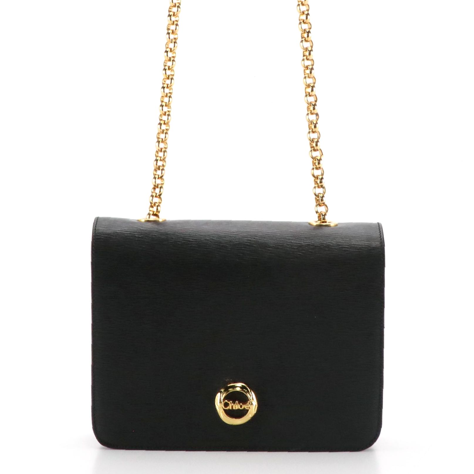 Chloé Front-Flap Rolo Chain Crossbody Bag in Black Textured Leather