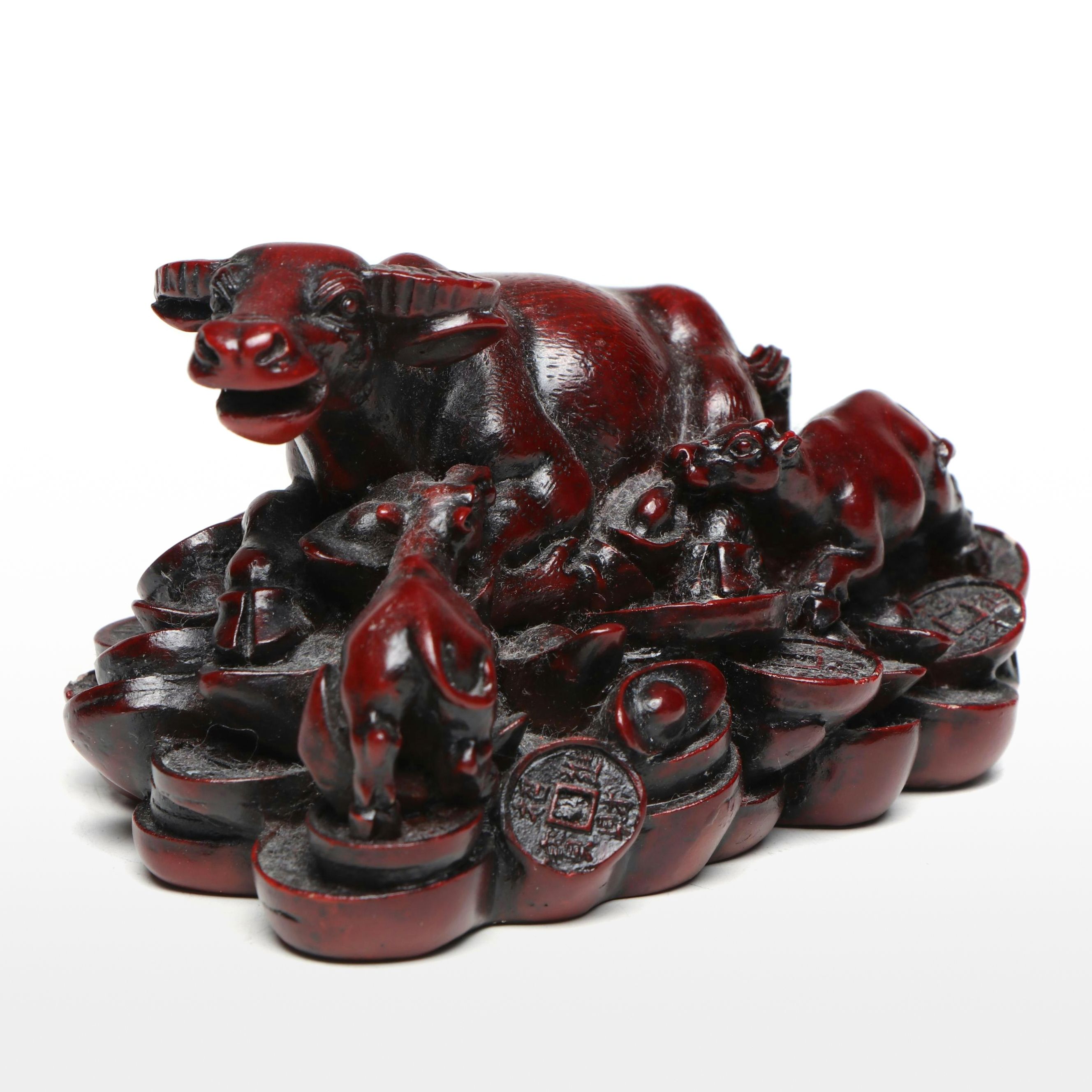 Chinese Feng Shui Water Buffalo with Calves on Coin Hoard Resin Figure