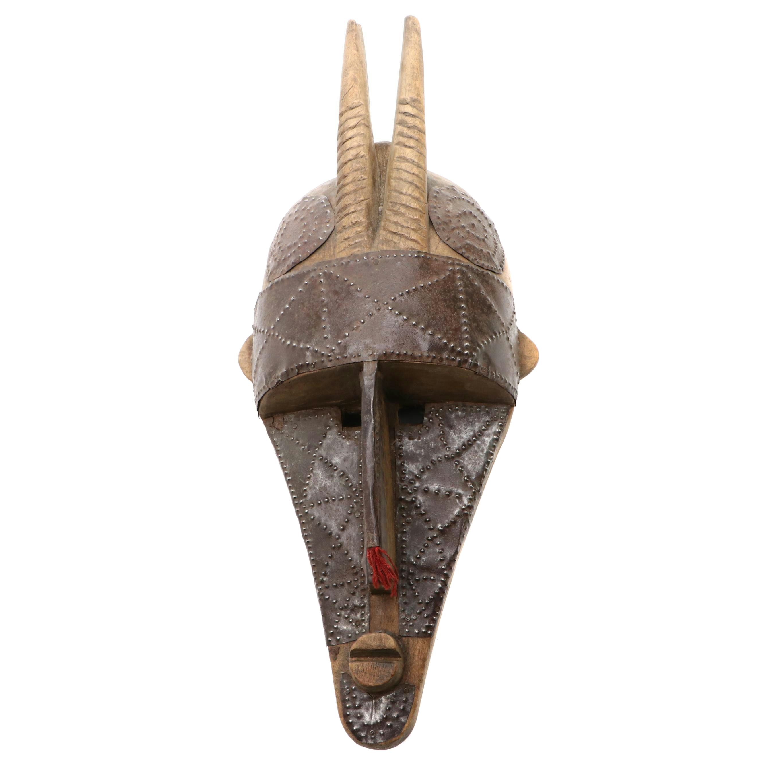 Mali West African Marka Carved Wood and Riveted Metal Horned Mask