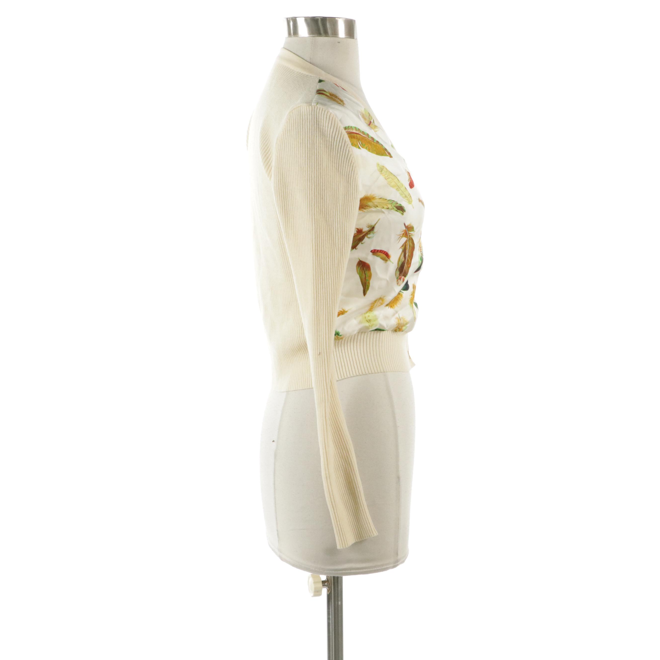 Hermès Cardigan Sweater in Wool Rib Knit and "Les Plumes" Silk Twill