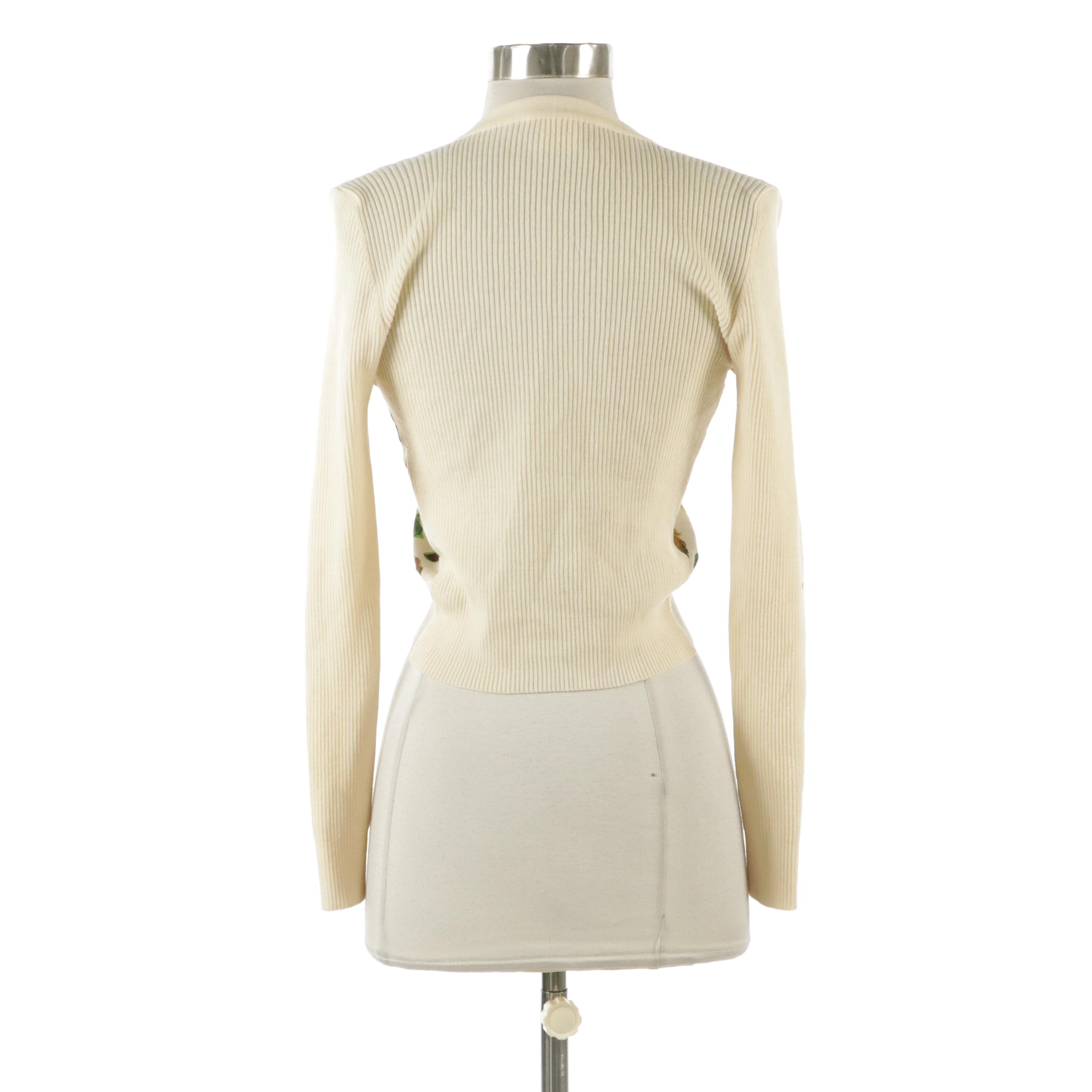 Hermès Cardigan Sweater in Wool Rib Knit and "Les Plumes" Silk Twill