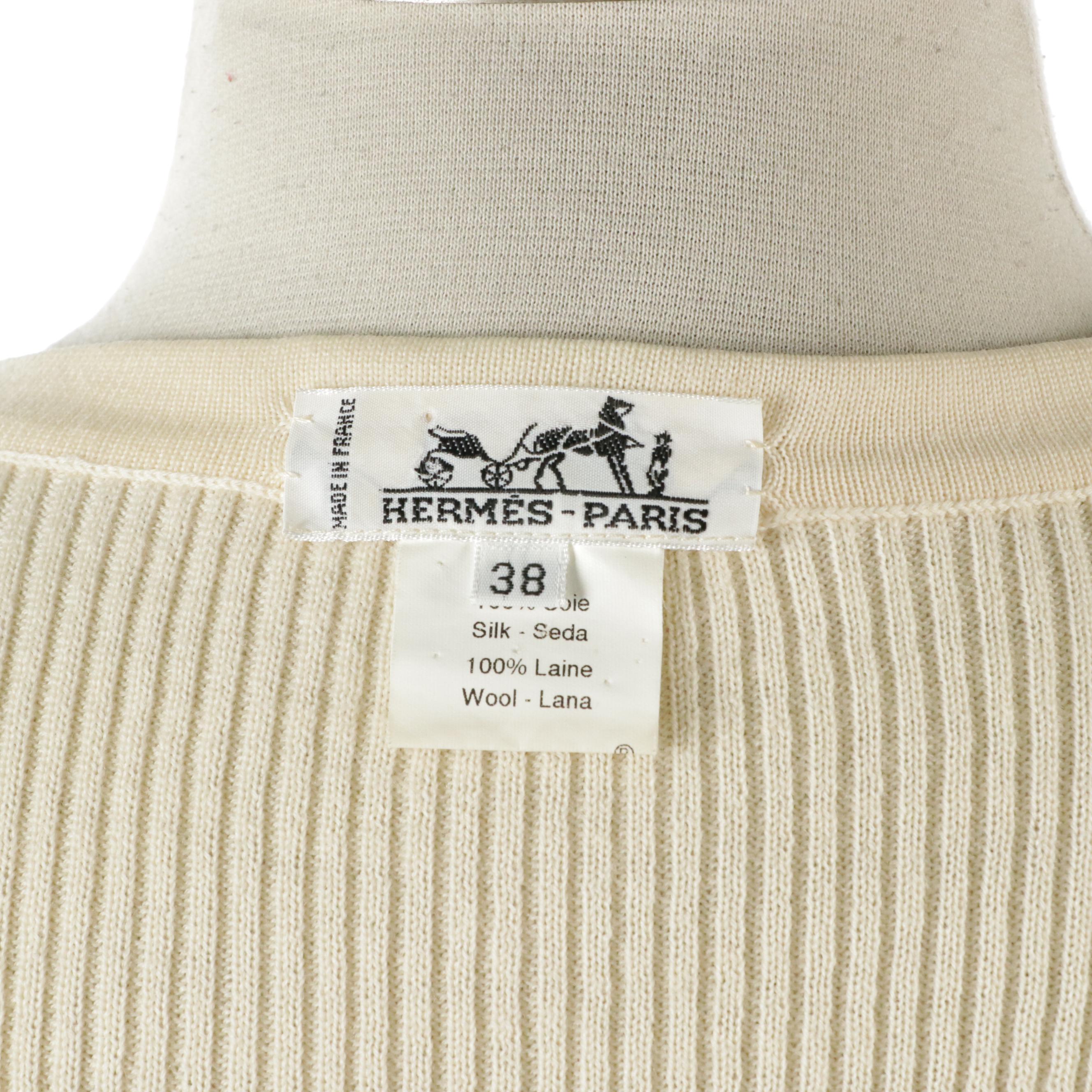 Hermès Cardigan Sweater in Wool Rib Knit and "Les Plumes" Silk Twill