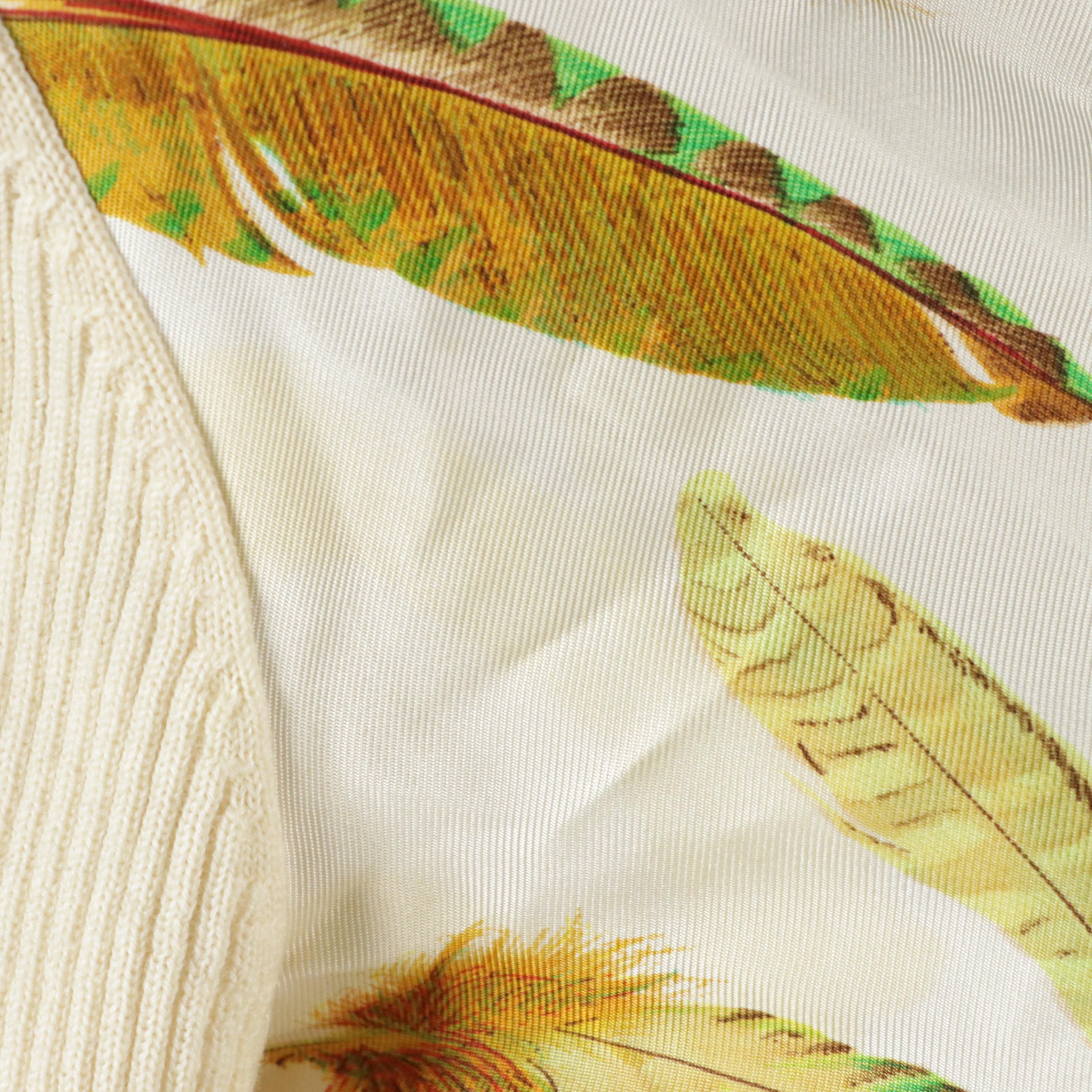 Hermès Cardigan Sweater in Wool Rib Knit and "Les Plumes" Silk Twill