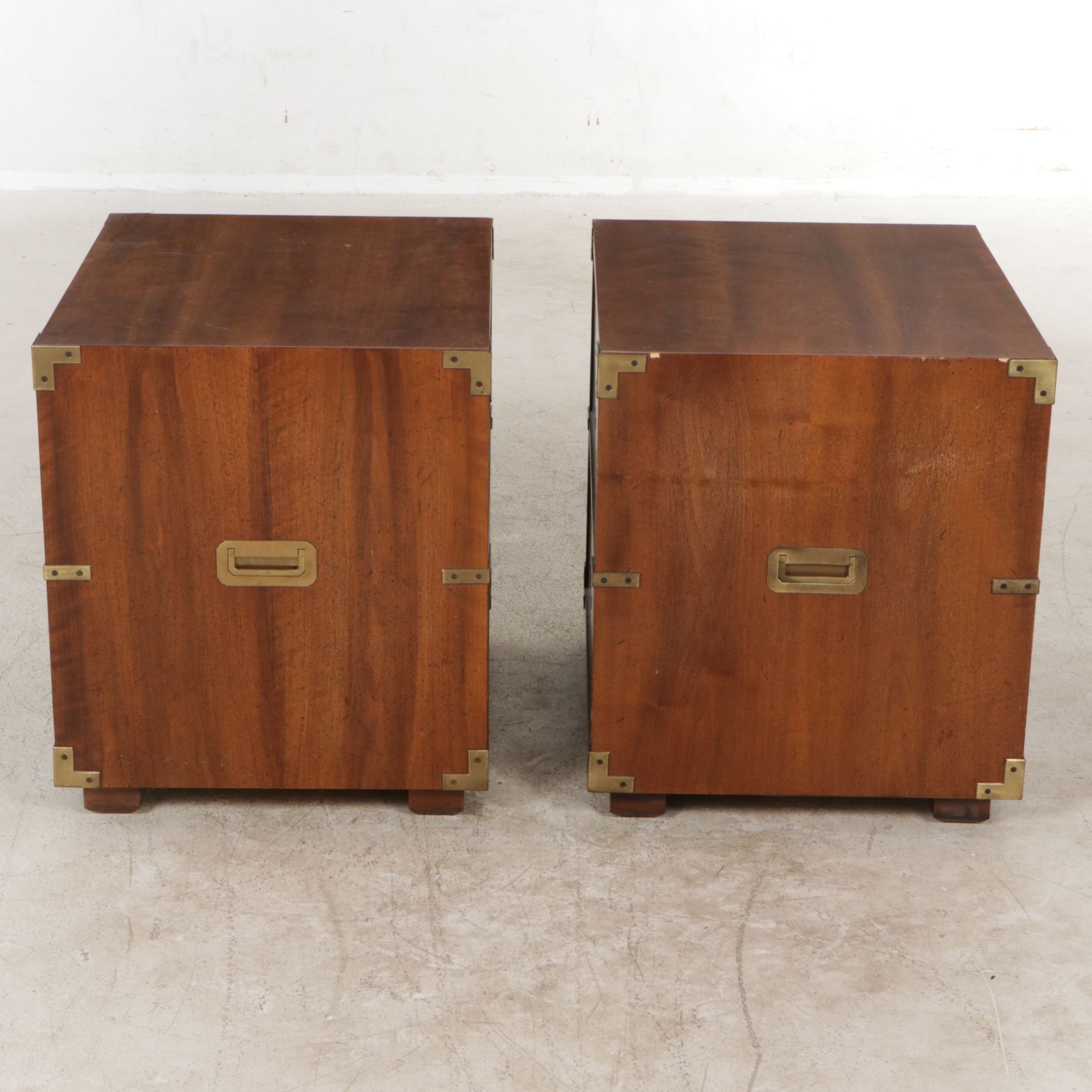 Pair of Henredon Campaign Style Walnut Nightstands, Late 20th Century