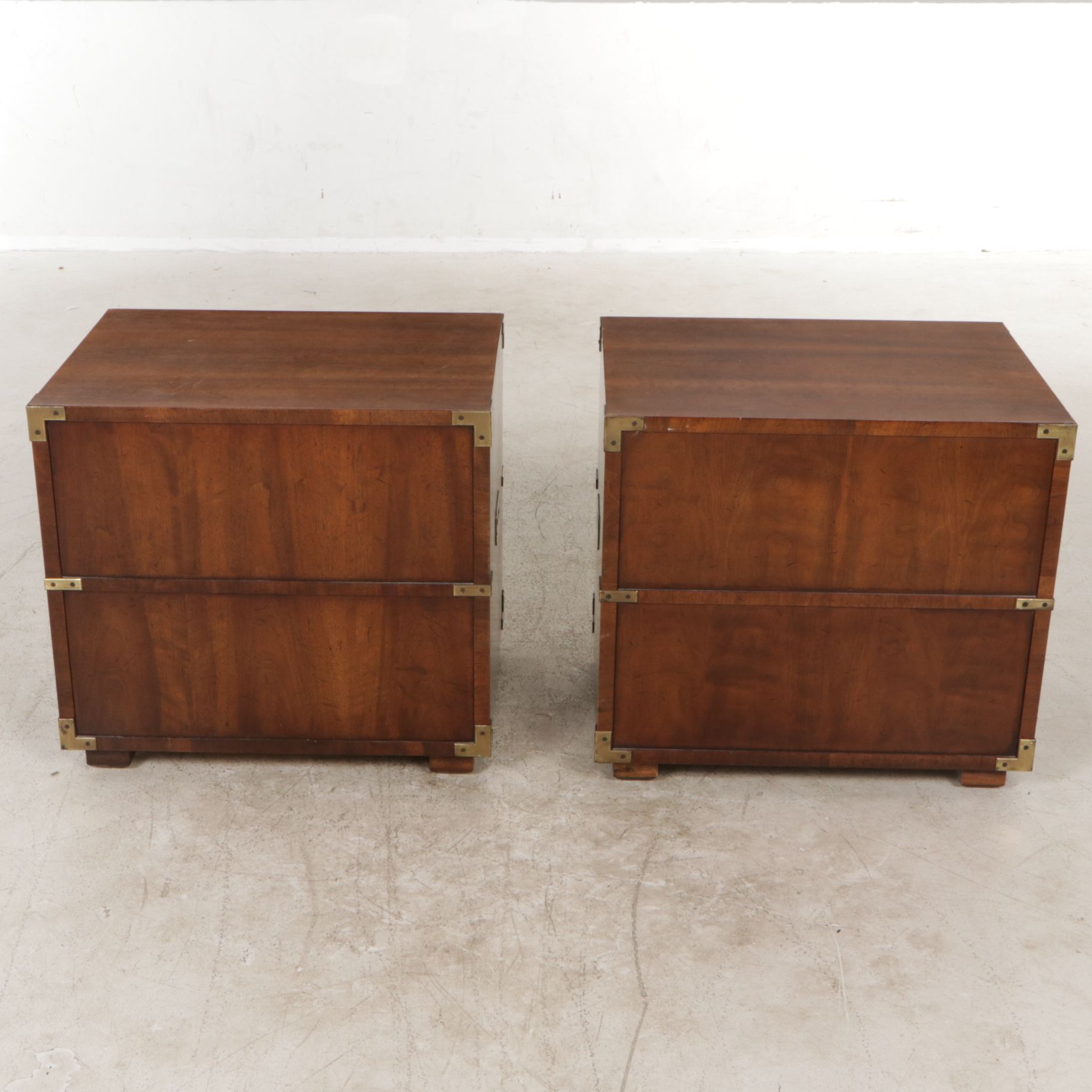 Pair of Henredon Campaign Style Walnut Nightstands, Late 20th Century