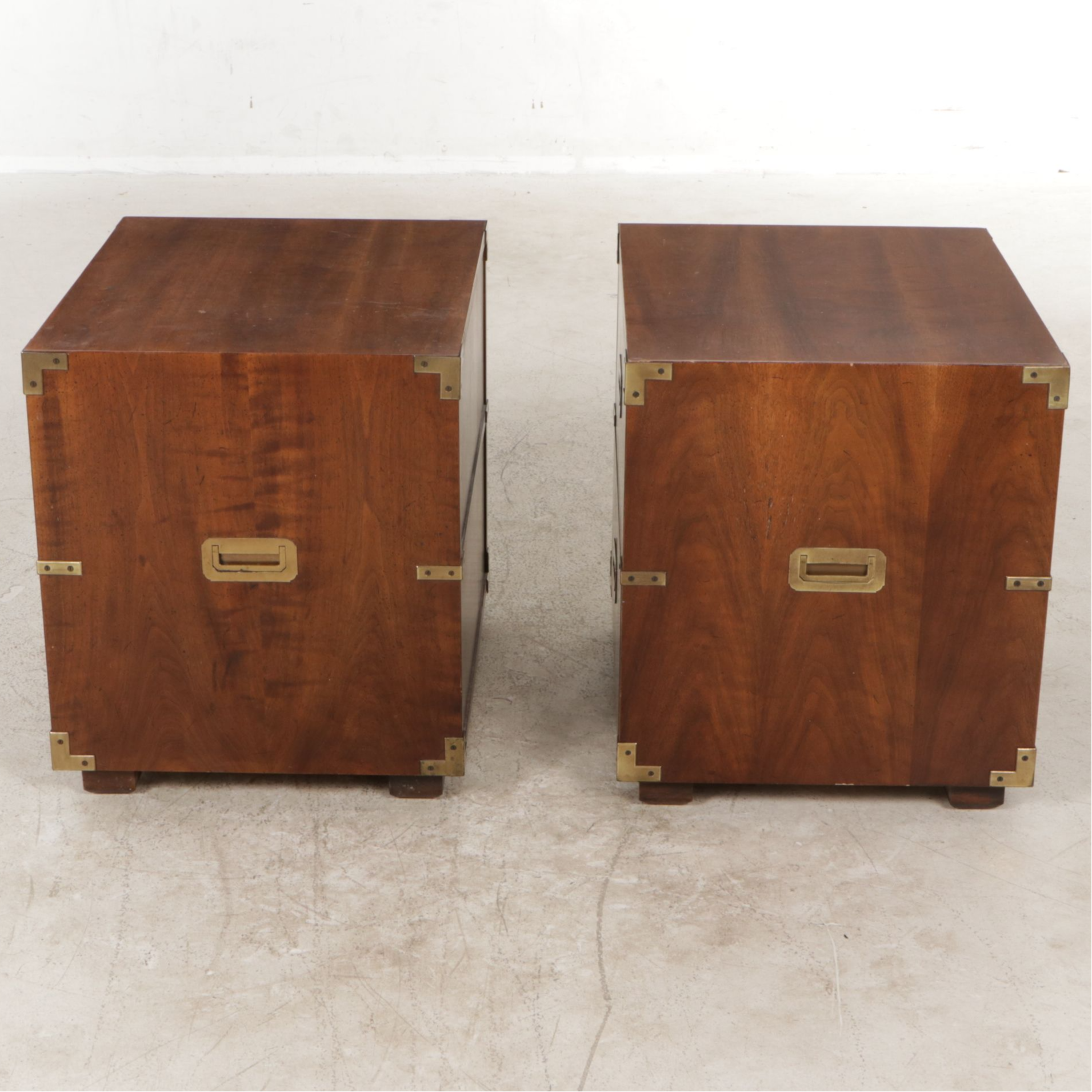 Pair of Henredon Campaign Style Walnut Nightstands, Late 20th Century