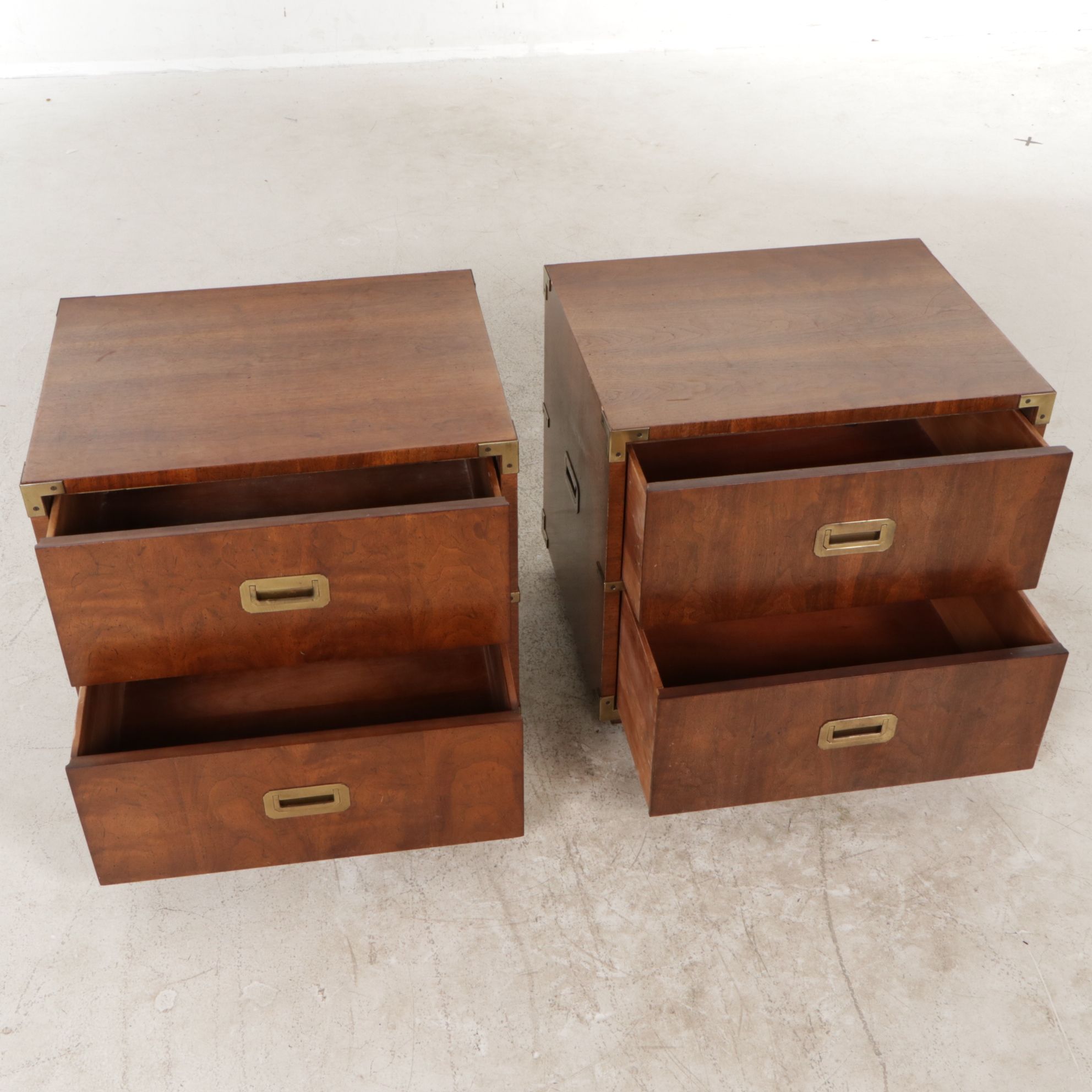 Pair of Henredon Campaign Style Walnut Nightstands, Late 20th Century