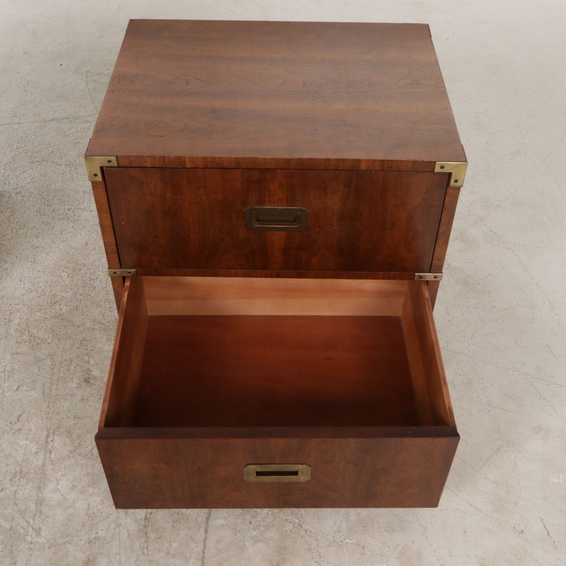 Pair of Henredon Campaign Style Walnut Nightstands, Late 20th Century