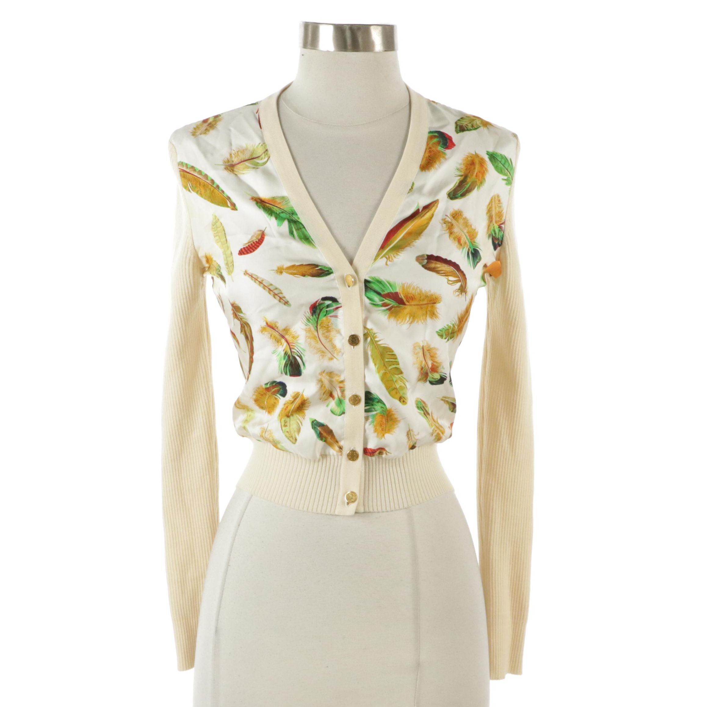 Hermès Cardigan Sweater in Wool Rib Knit and "Les Plumes" Silk Twill