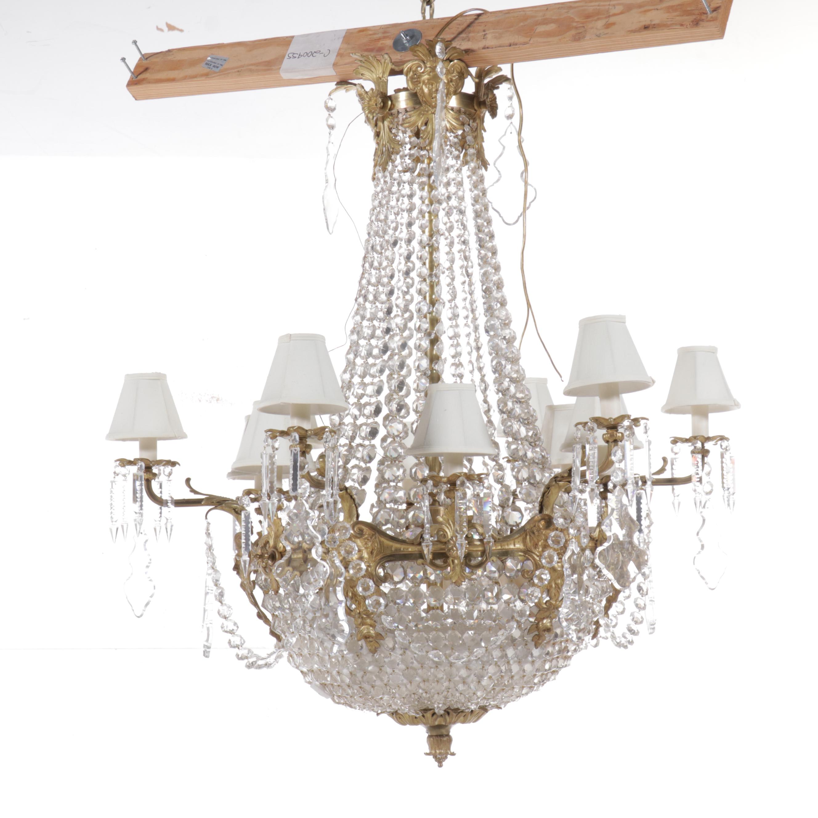 French Empire Style Gilt Brass and Crystal Beadwork Chandelier, Silk Shades