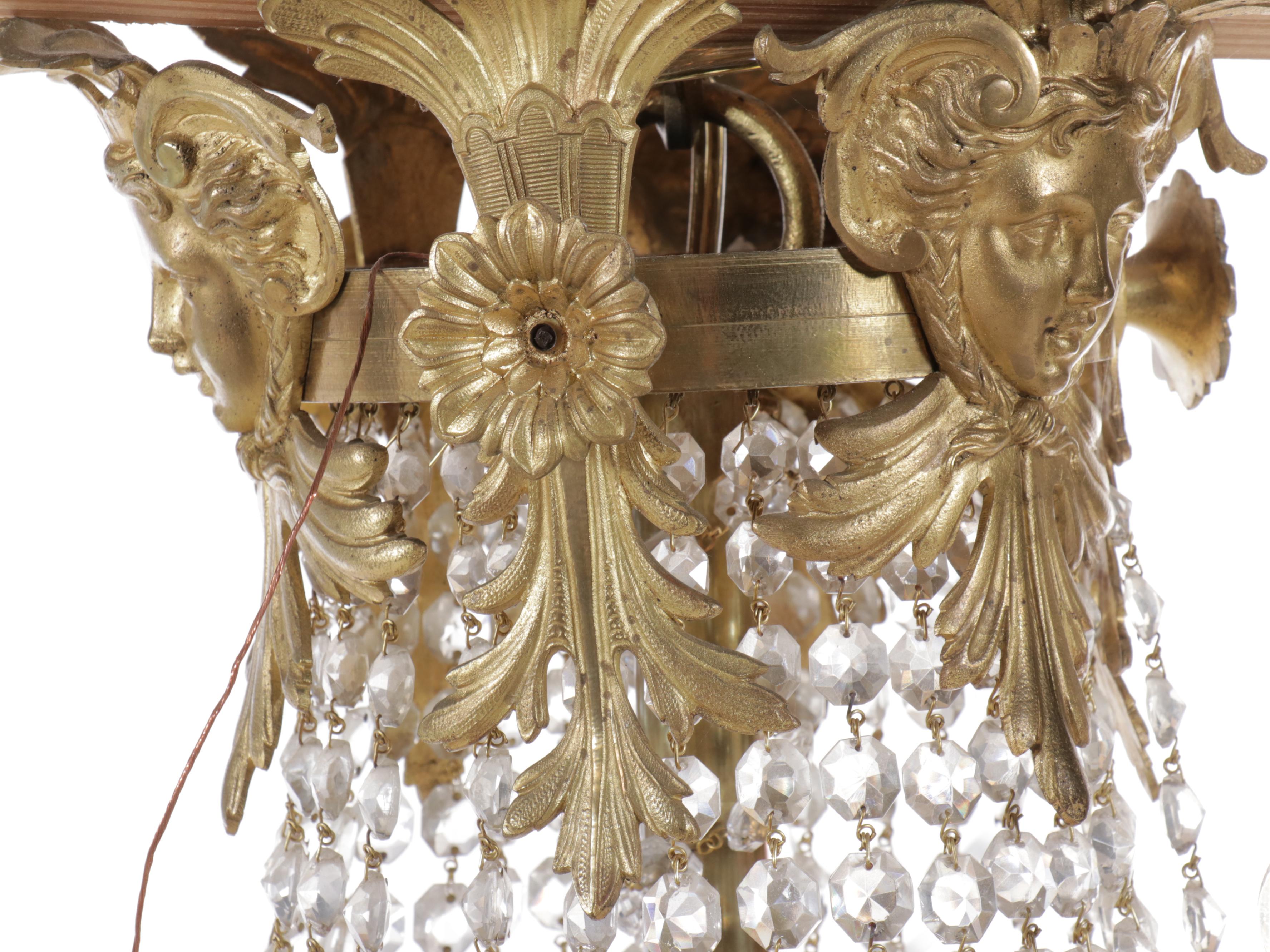 French Empire Style Gilt Brass and Crystal Beadwork Chandelier, Silk Shades