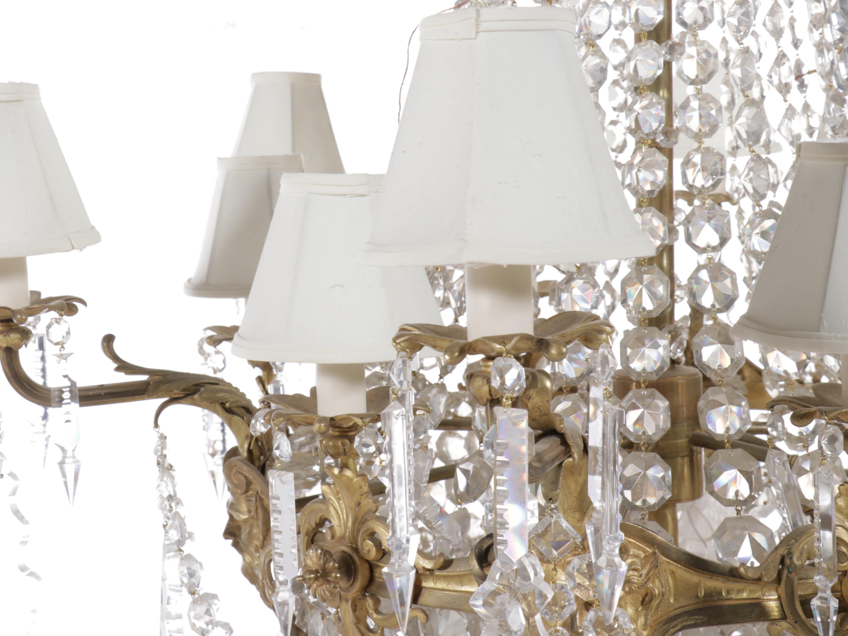 French Empire Style Gilt Brass and Crystal Beadwork Chandelier, Silk Shades