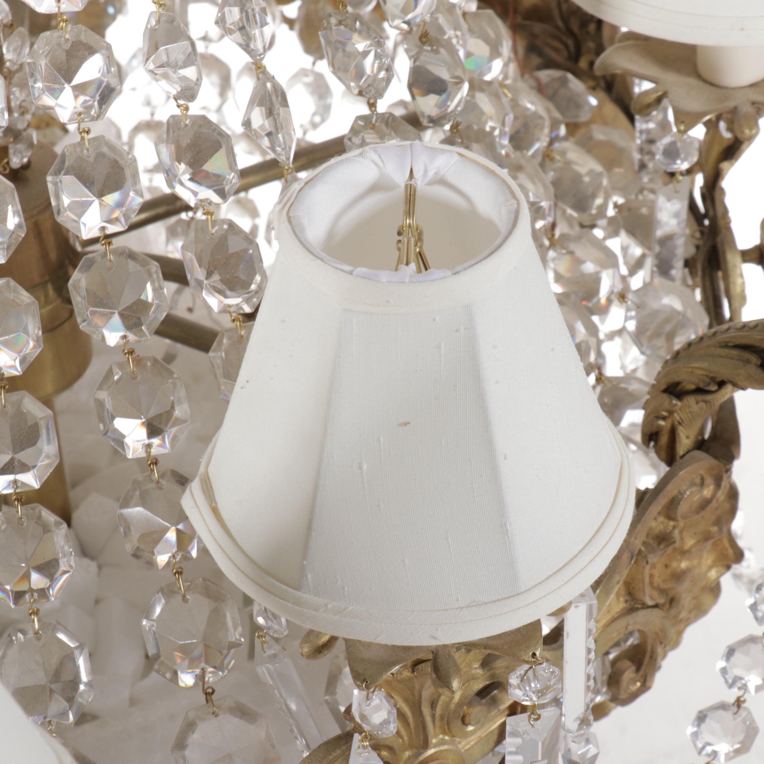 French Empire Style Gilt Brass and Crystal Beadwork Chandelier, Silk Shades