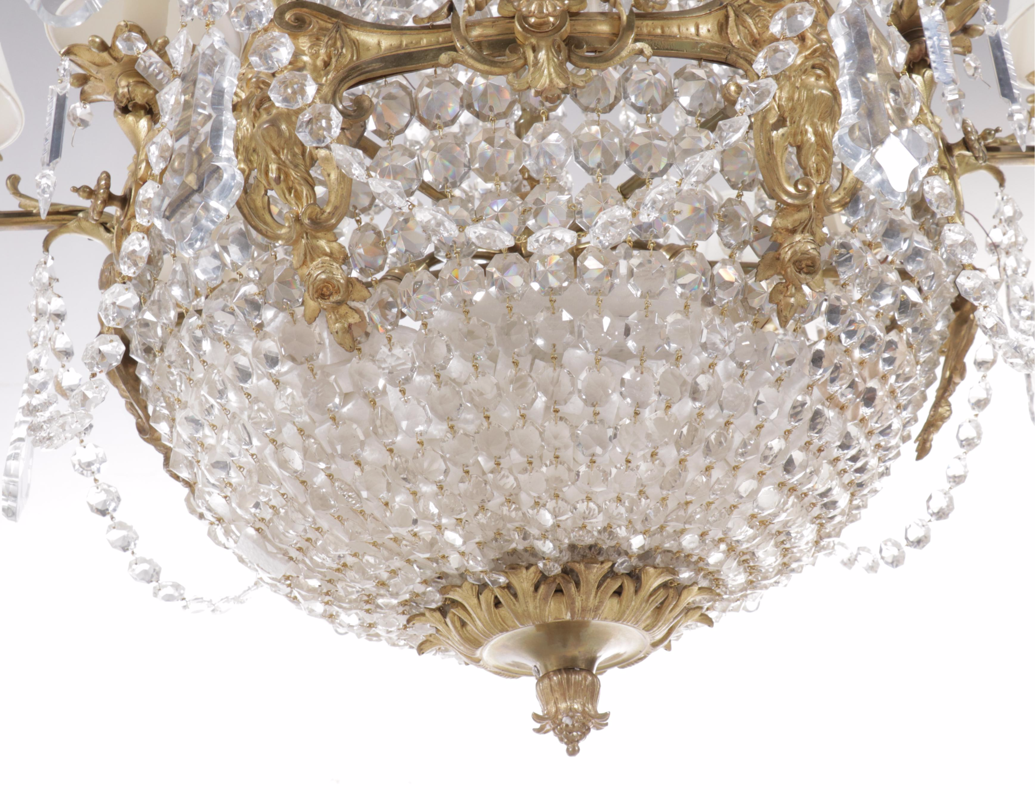 French Empire Style Gilt Brass and Crystal Beadwork Chandelier, Silk Shades