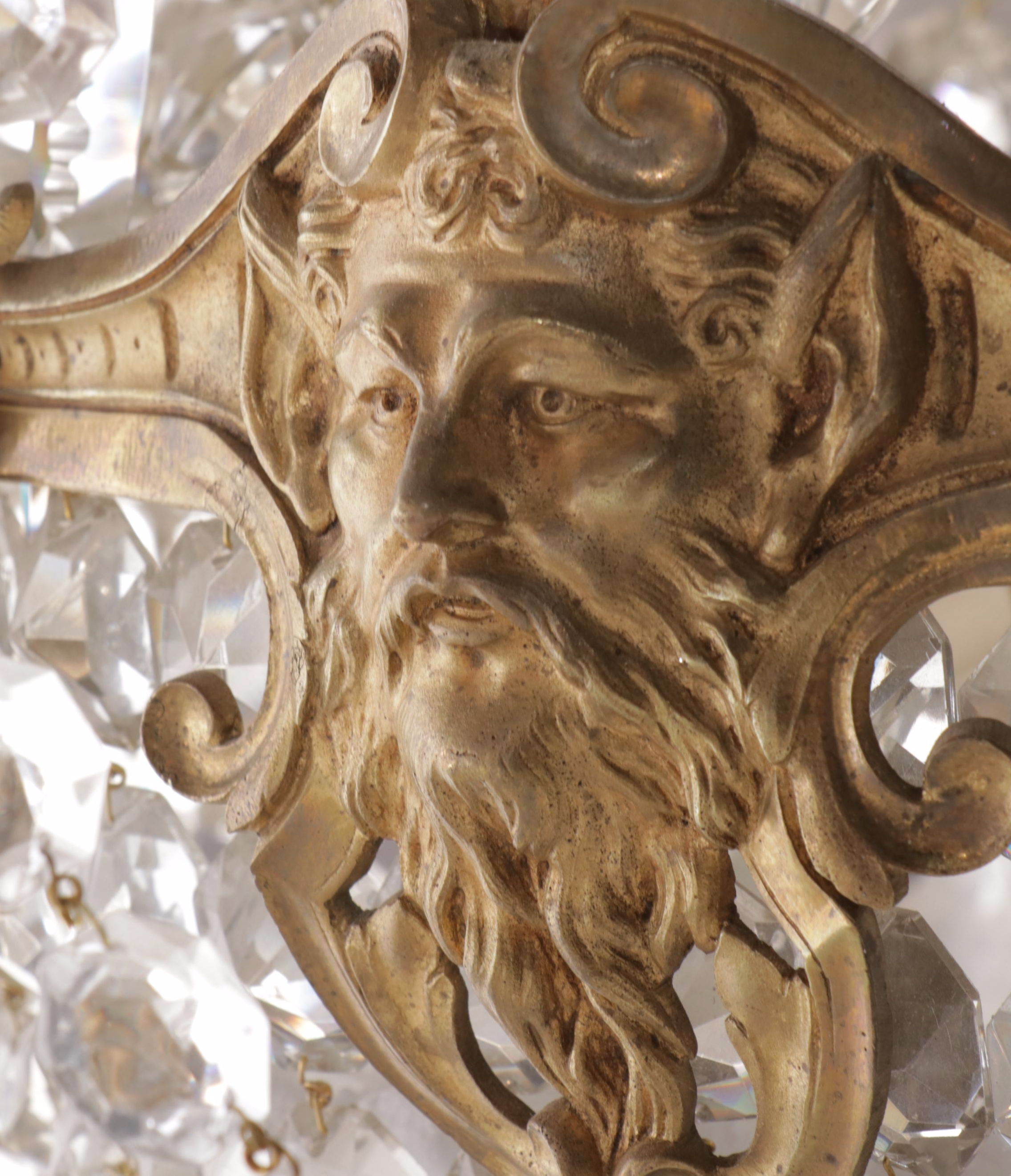 French Empire Style Gilt Brass and Crystal Beadwork Chandelier, Silk Shades