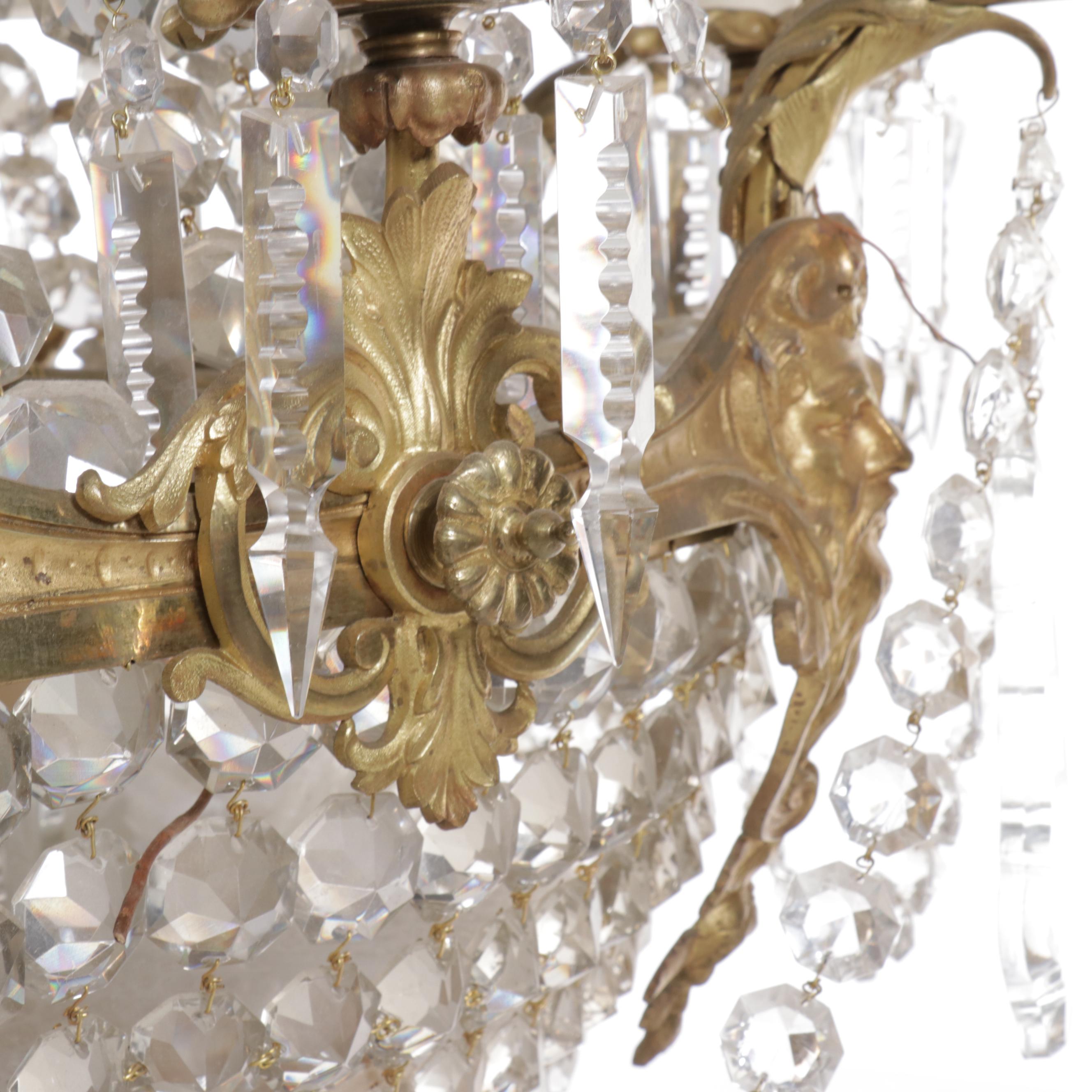 French Empire Style Gilt Brass and Crystal Beadwork Chandelier, Silk Shades