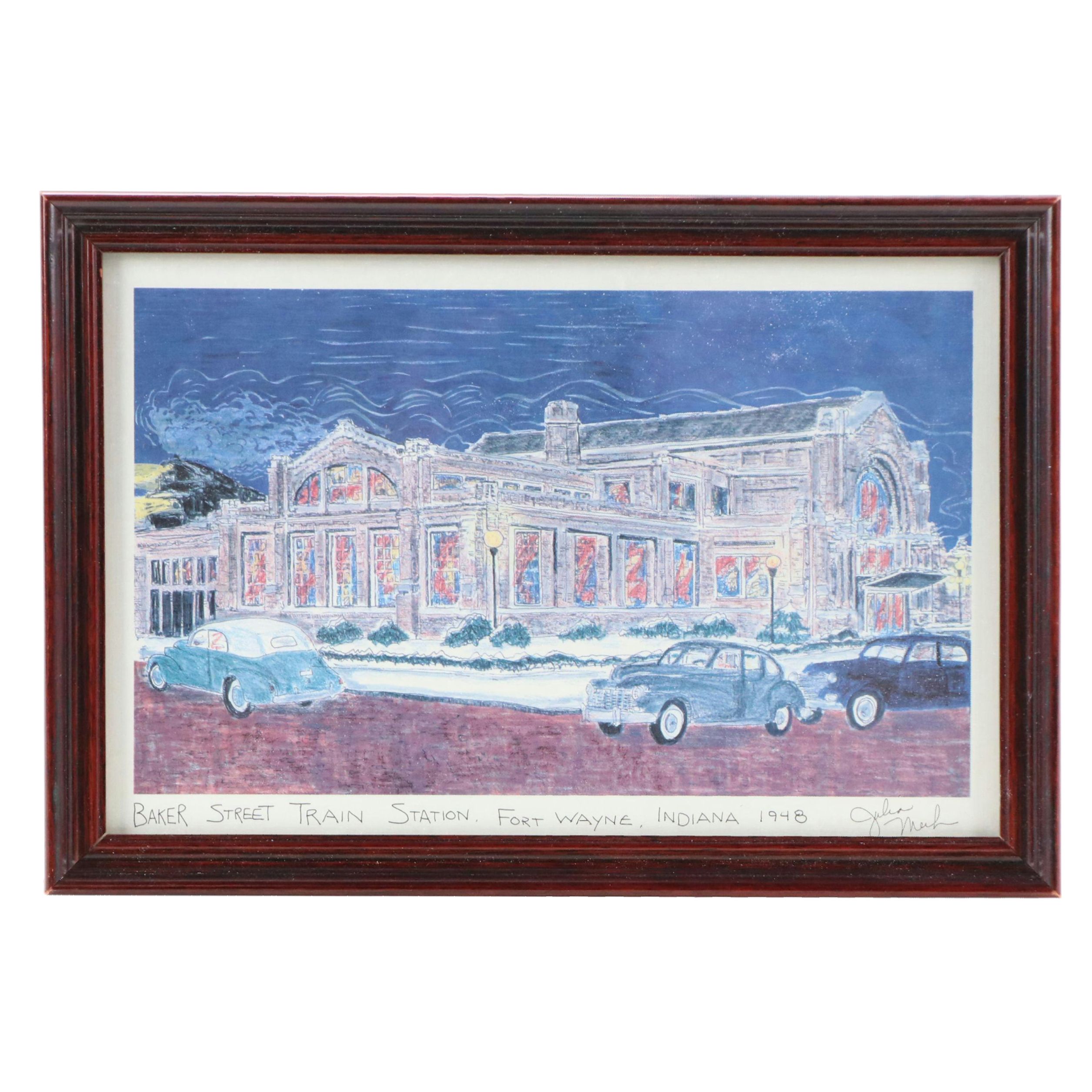 Julia Meek Offset Lithograph of Baker Street Train Station, Fort Wayne