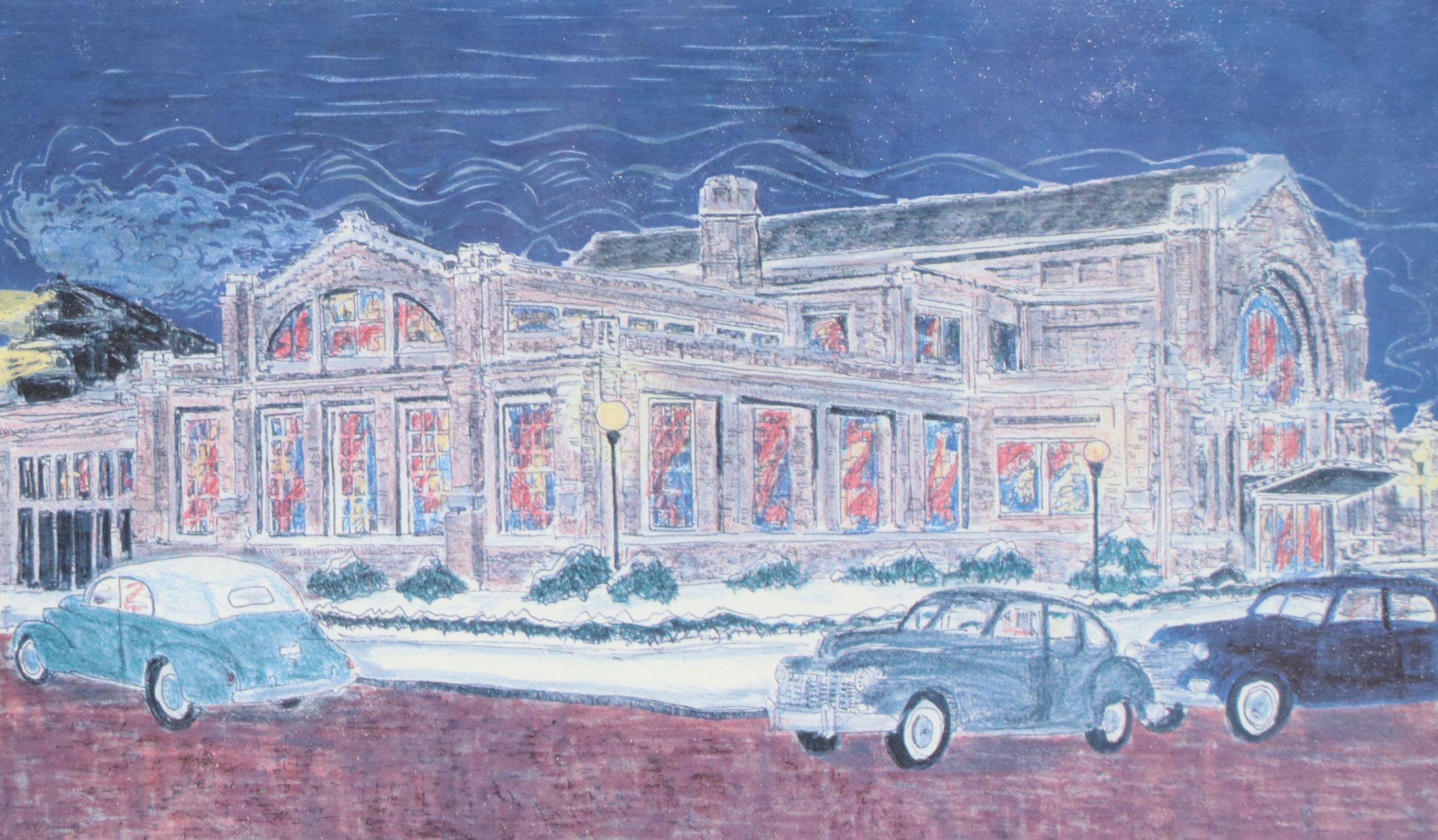 Julia Meek Offset Lithograph of Baker Street Train Station, Fort Wayne