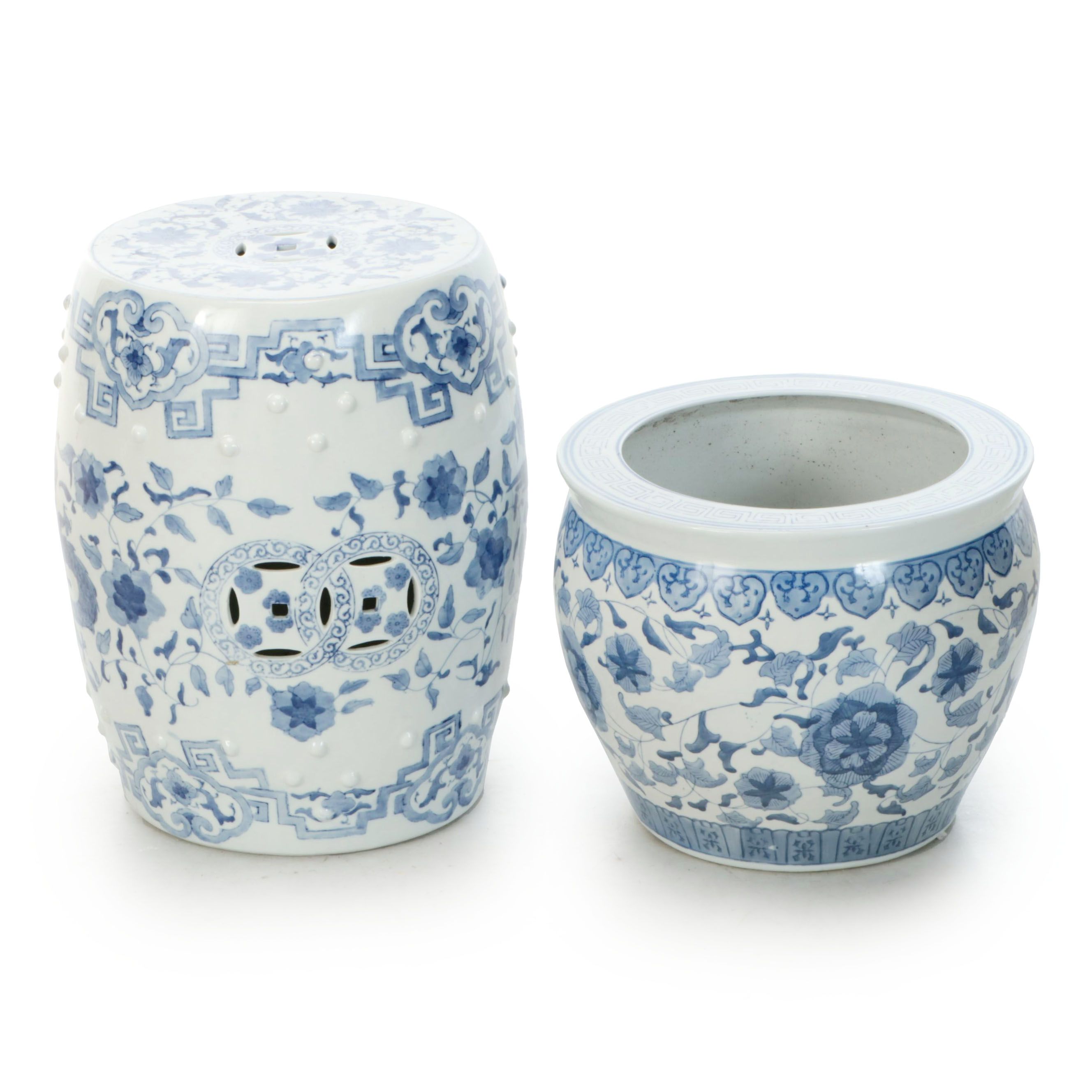 Chinese Blue and White Ceramic Planter and Garden Stool