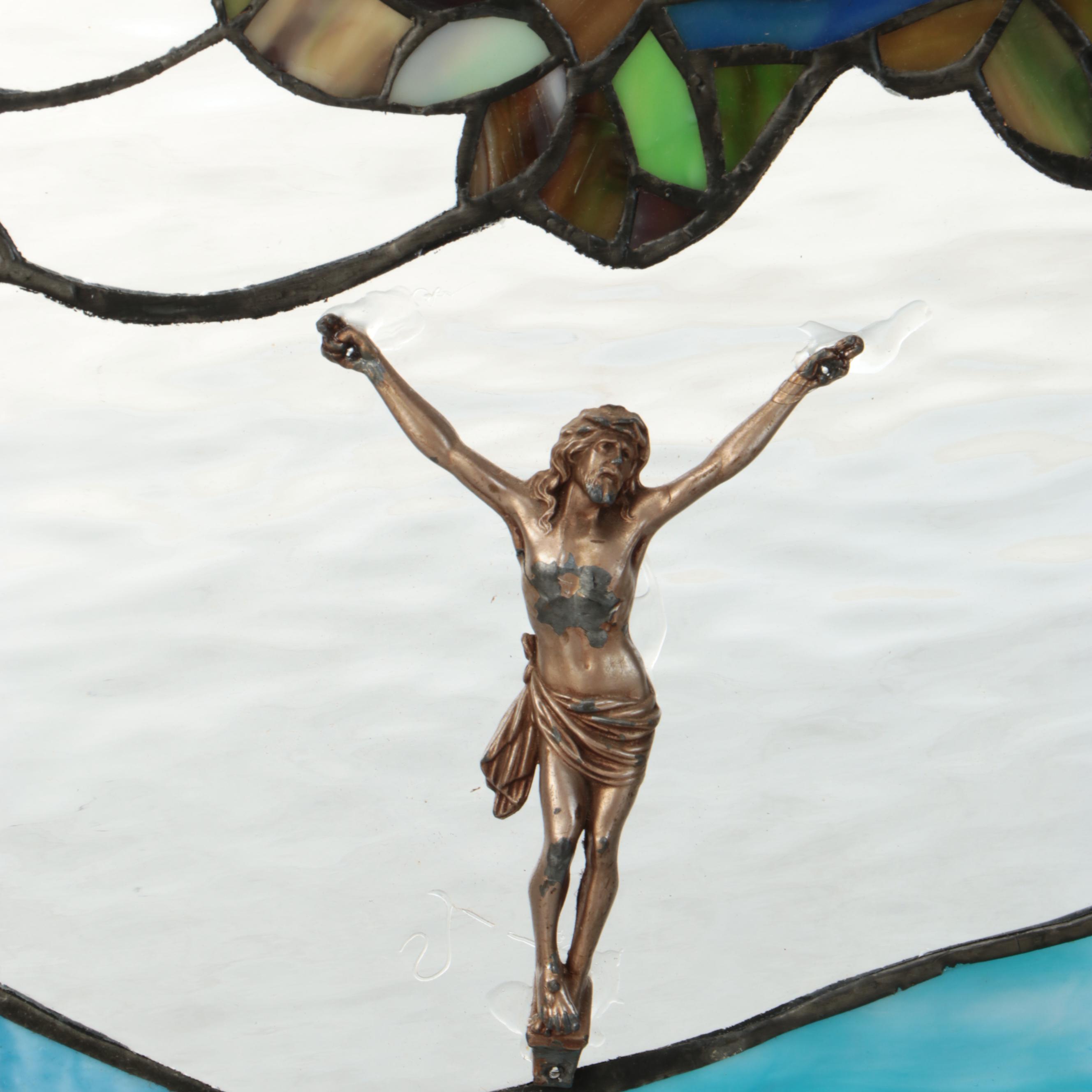 Grape and Vine Stained Glass Window Panel with Applied Crucifix Christ