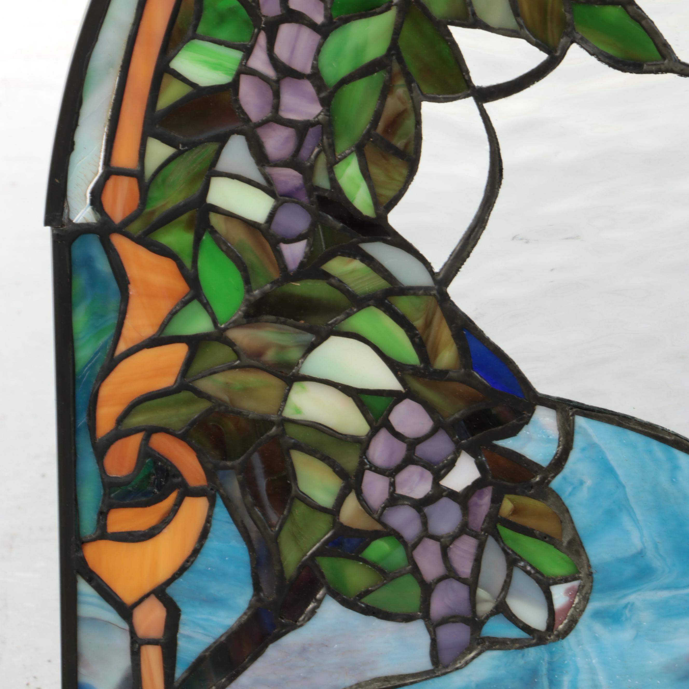 Grape and Vine Stained Glass Window Panel with Applied Crucifix Christ