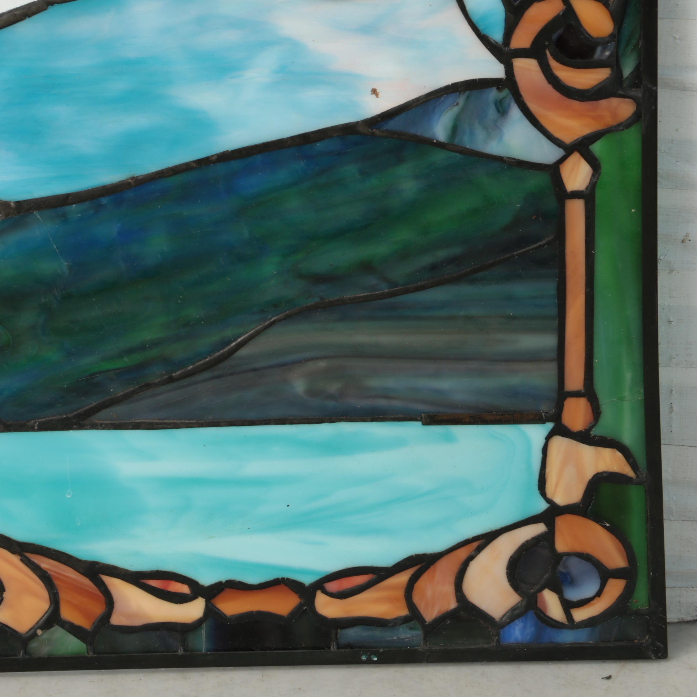 Grape and Vine Stained Glass Window Panel with Applied Crucifix Christ