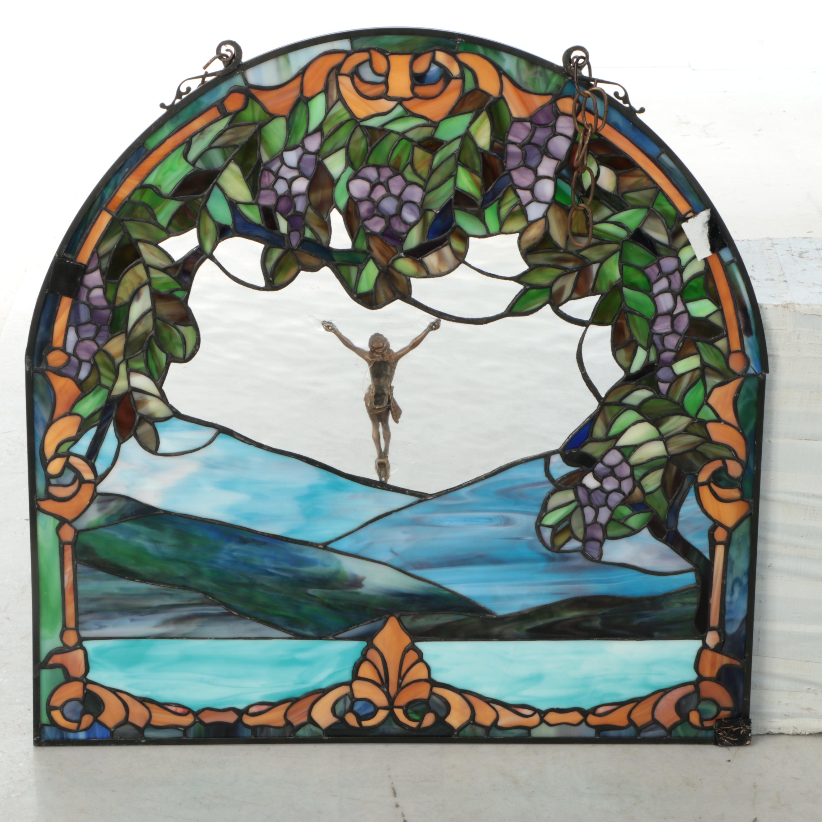 Grape and Vine Stained Glass Window Panel with Applied Crucifix Christ