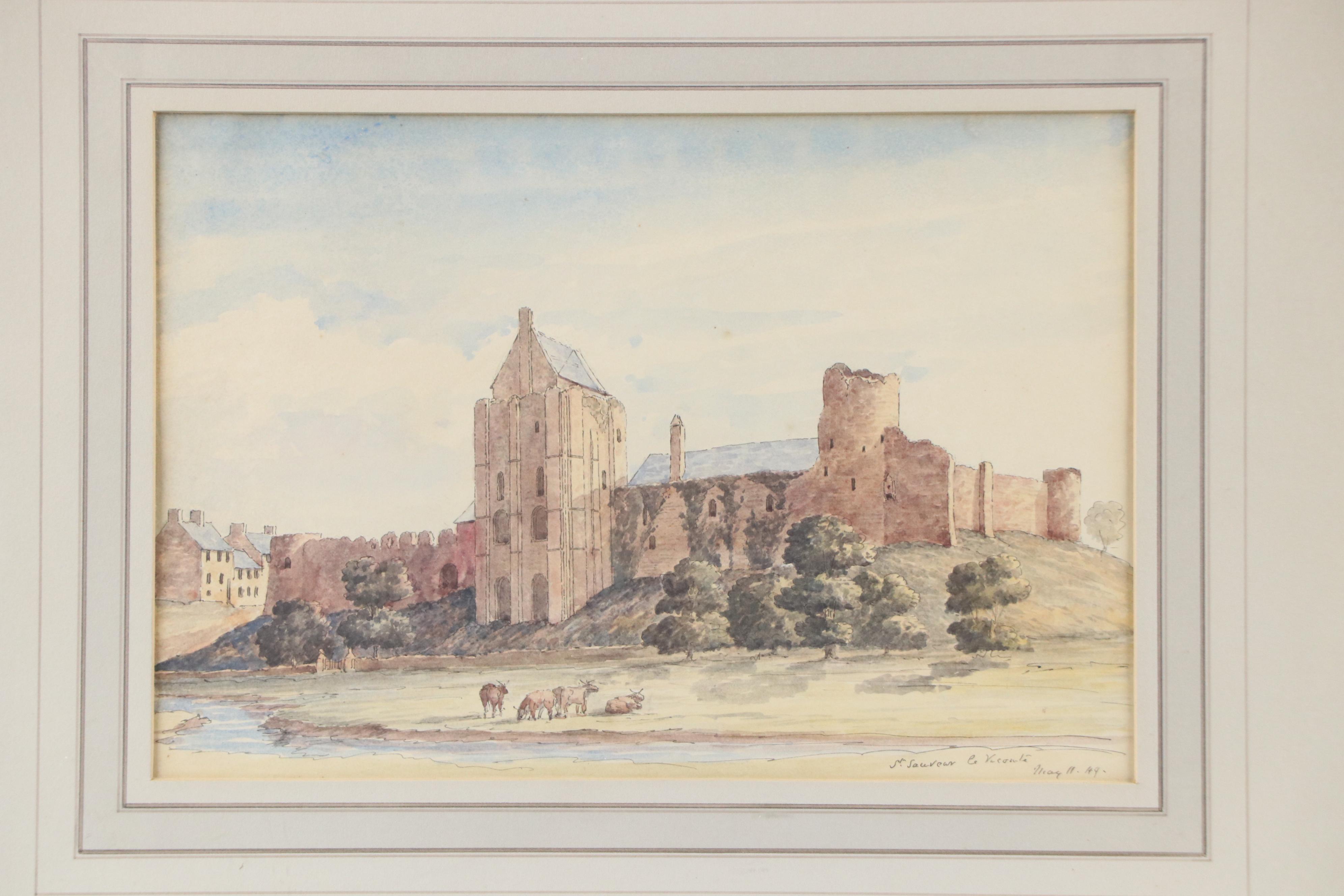 Ink and Watercolor Painting of French Commune "St. Sauveur le Vicomte," 1849