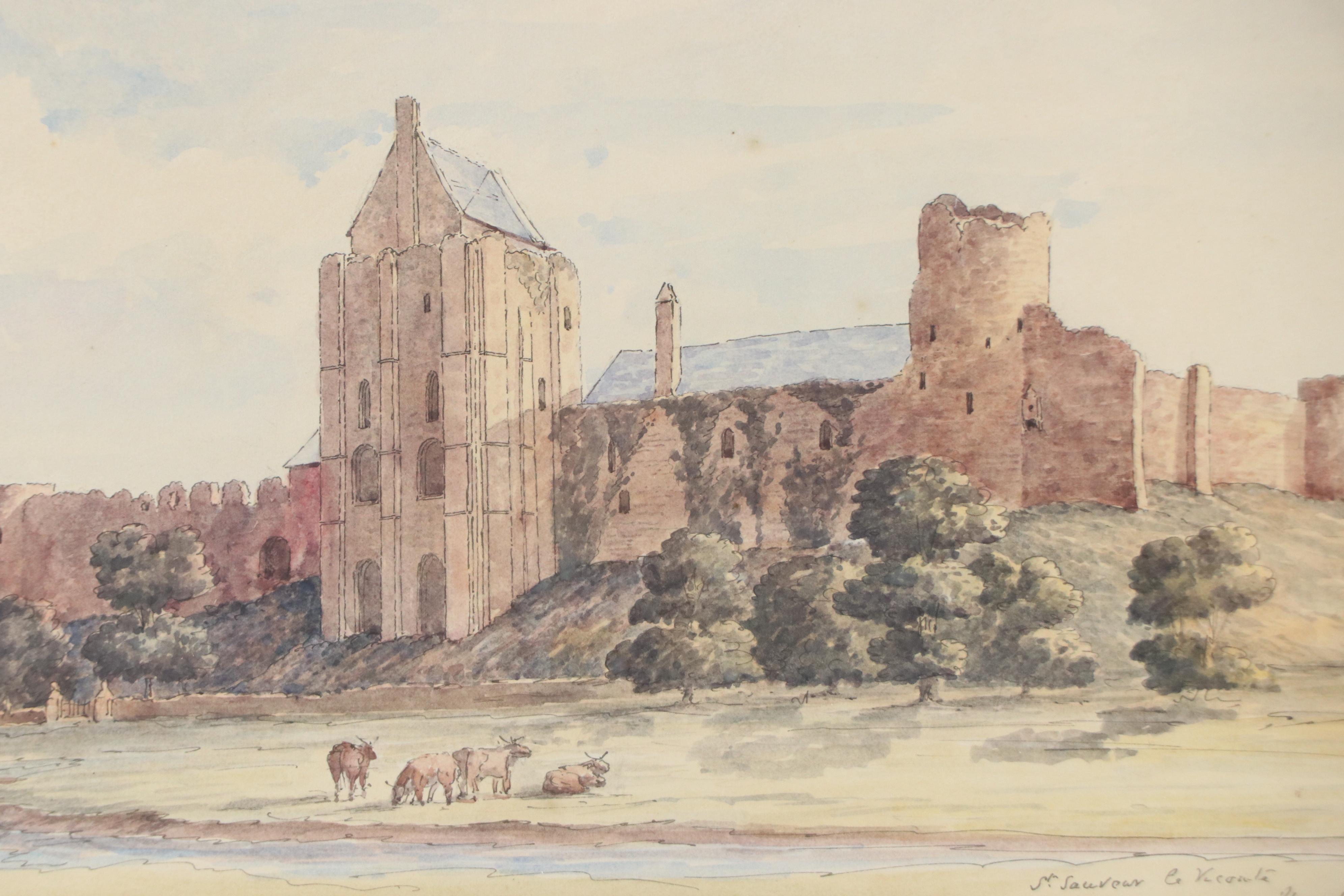 Ink and Watercolor Painting of French Commune "St. Sauveur le Vicomte," 1849